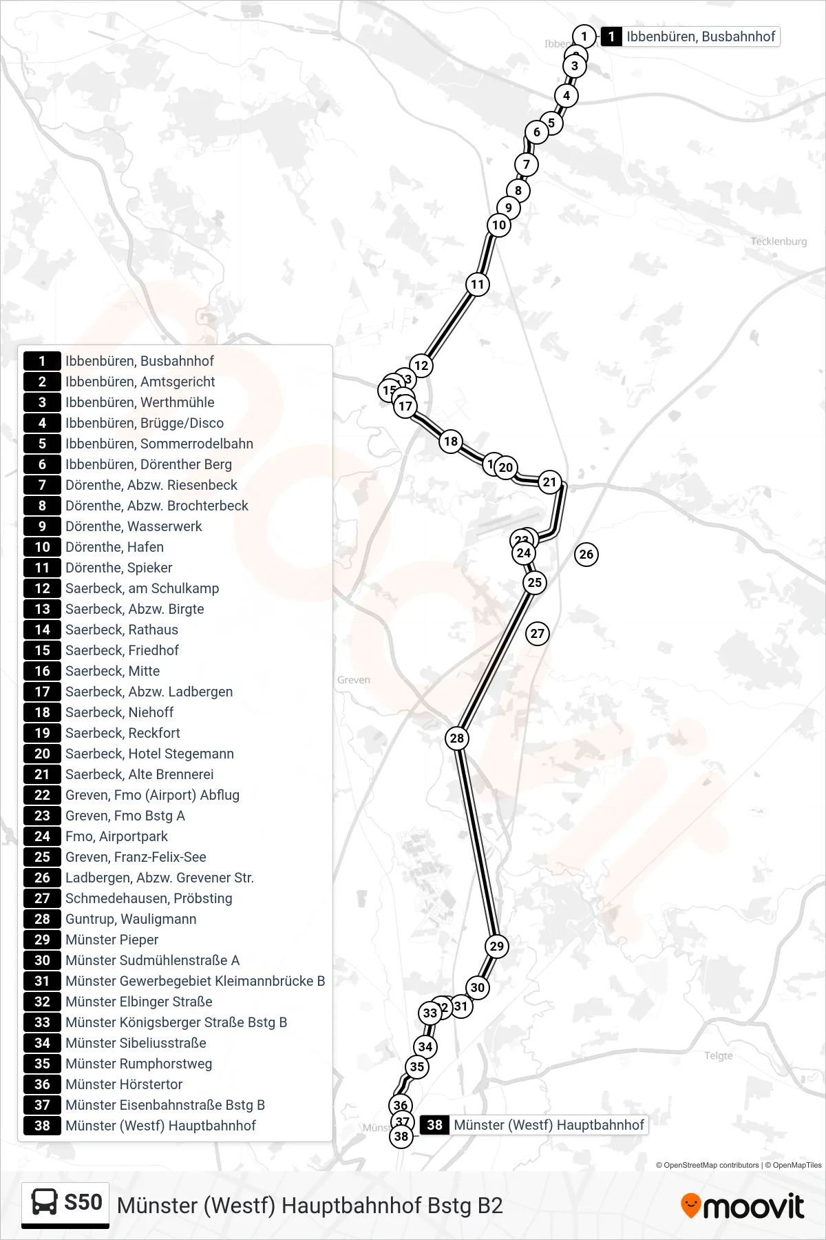 Linie S50 (Bus) Richtung Münster (Westf) Hauptbahnhof Bstg B2: Route und Haltestellen auf der Karte