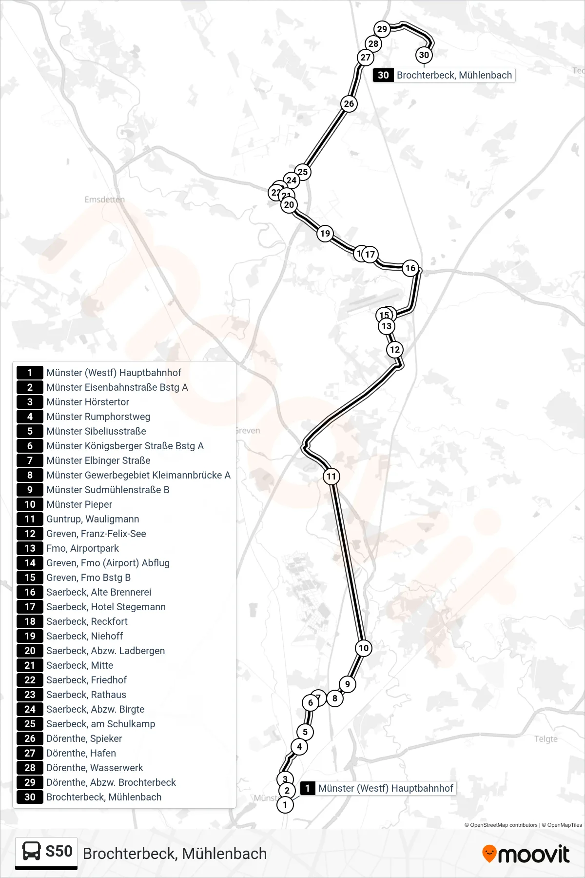 S50 bus Line (Brochterbeck, Mühlenbach) route and stops on a map