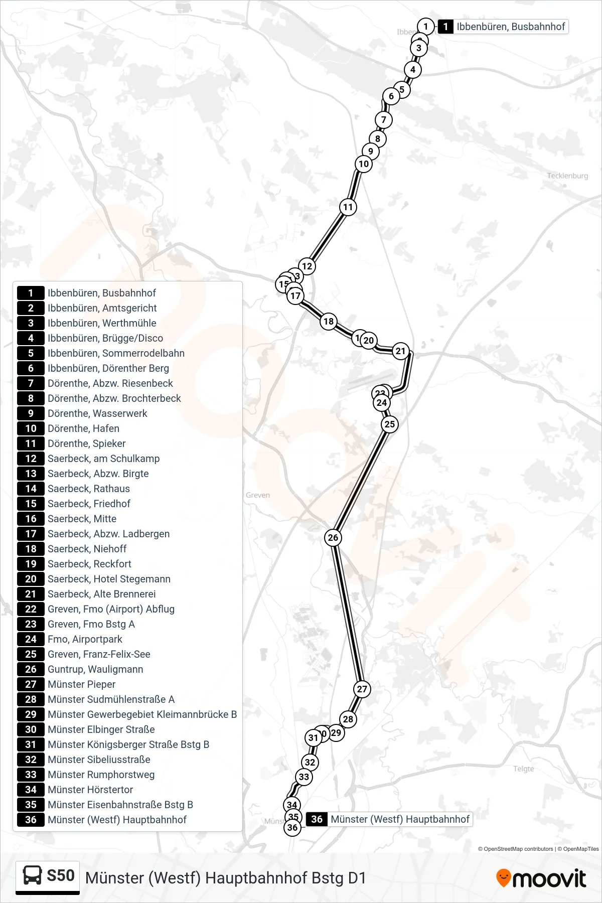 S50 bus Line (Münster (Westf) Hauptbahnhof Bstg D1) route and stops on a map