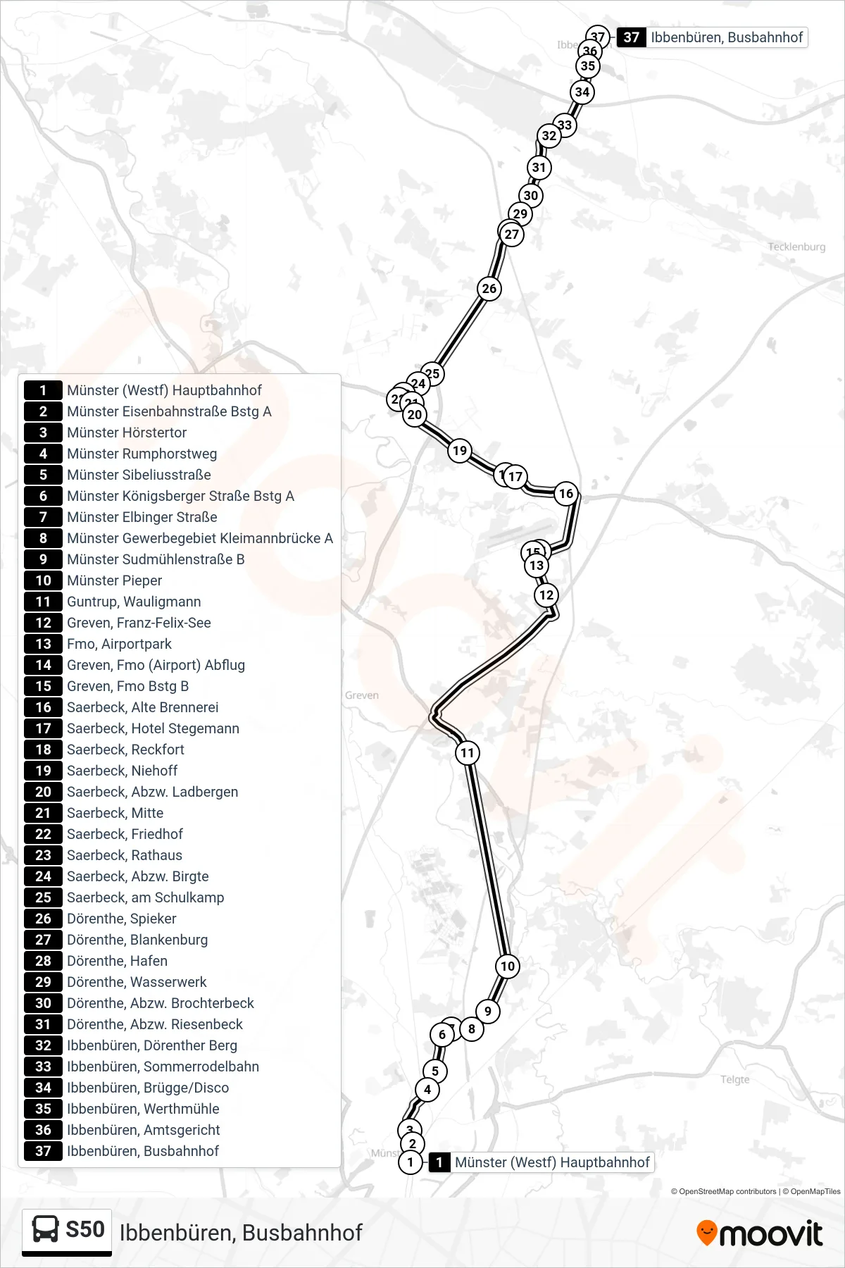 S50 bus Line (Ibbenbüren, Busbahnhof) route and stops on a map