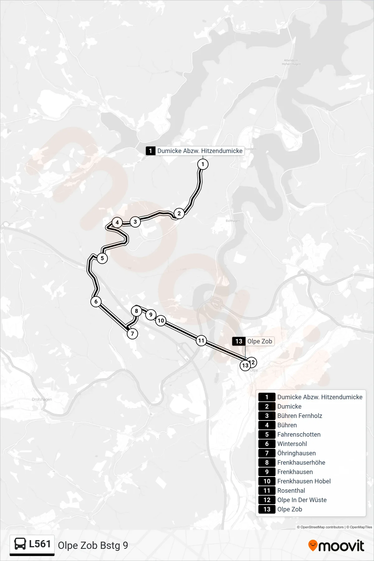 L561 bus Line (Olpe Zob Bstg 9) route and stops on a map