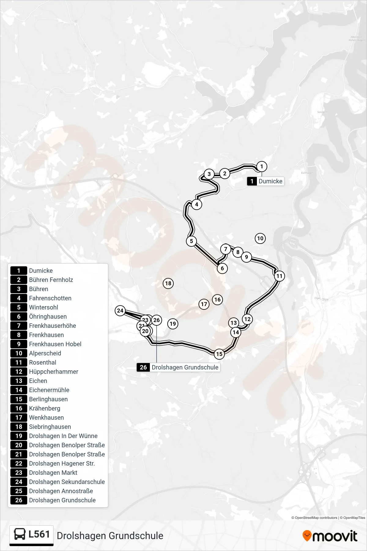 L561 bus Line (Drolshagen Grundschule) route and stops on a map
