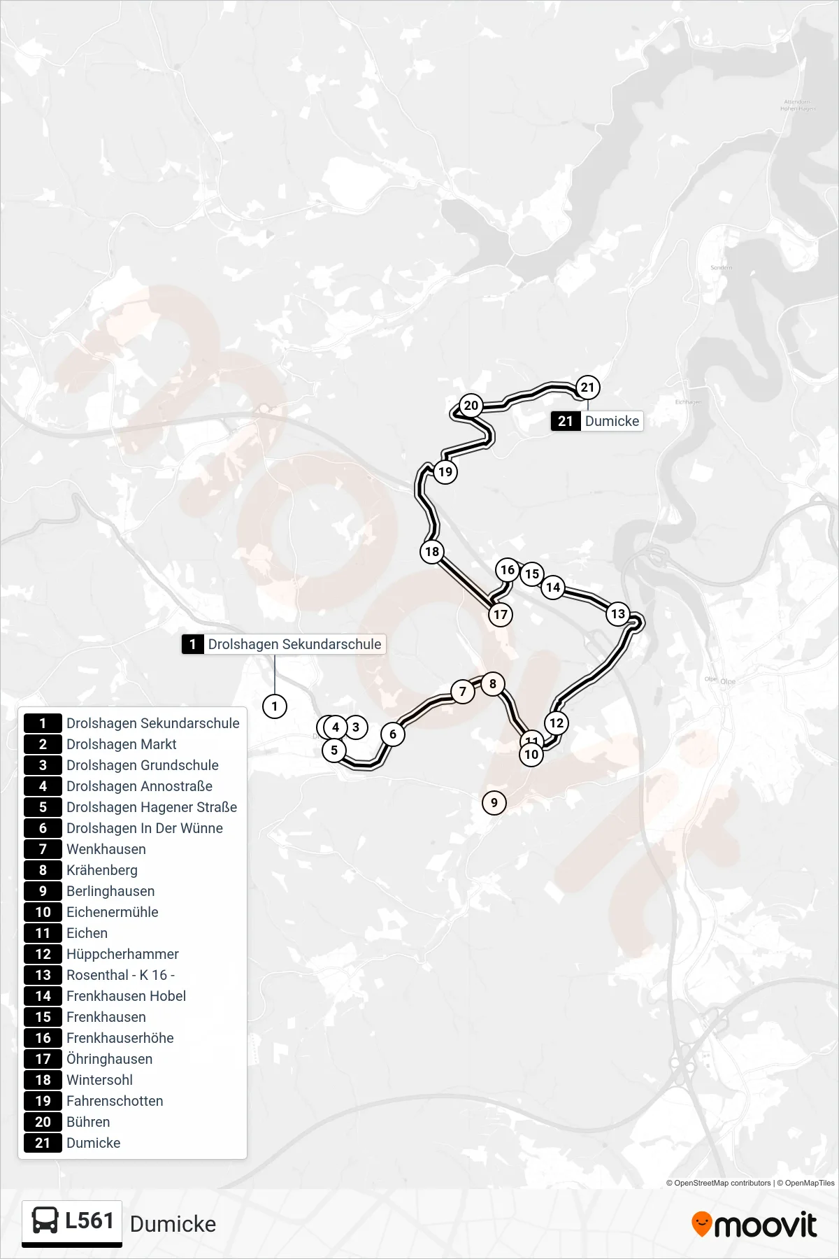 L561 bus Line (Dumicke) route and stops on a map