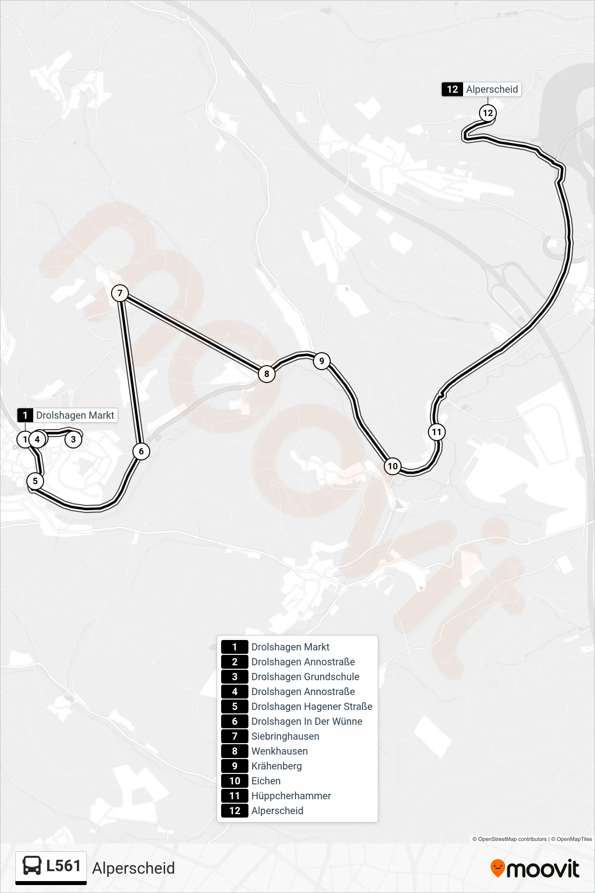 L561 bus Line (Alperscheid) route and stops on a map