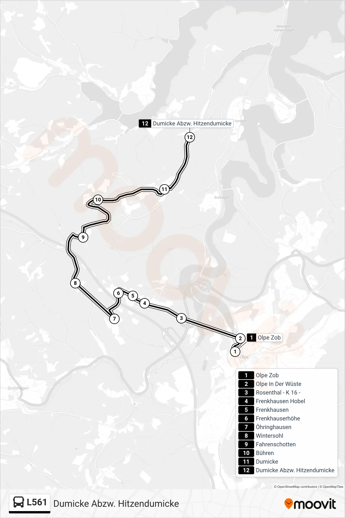 L561 bus Line (Dumicke Abzw. Hitzendumicke) route and stops on a map