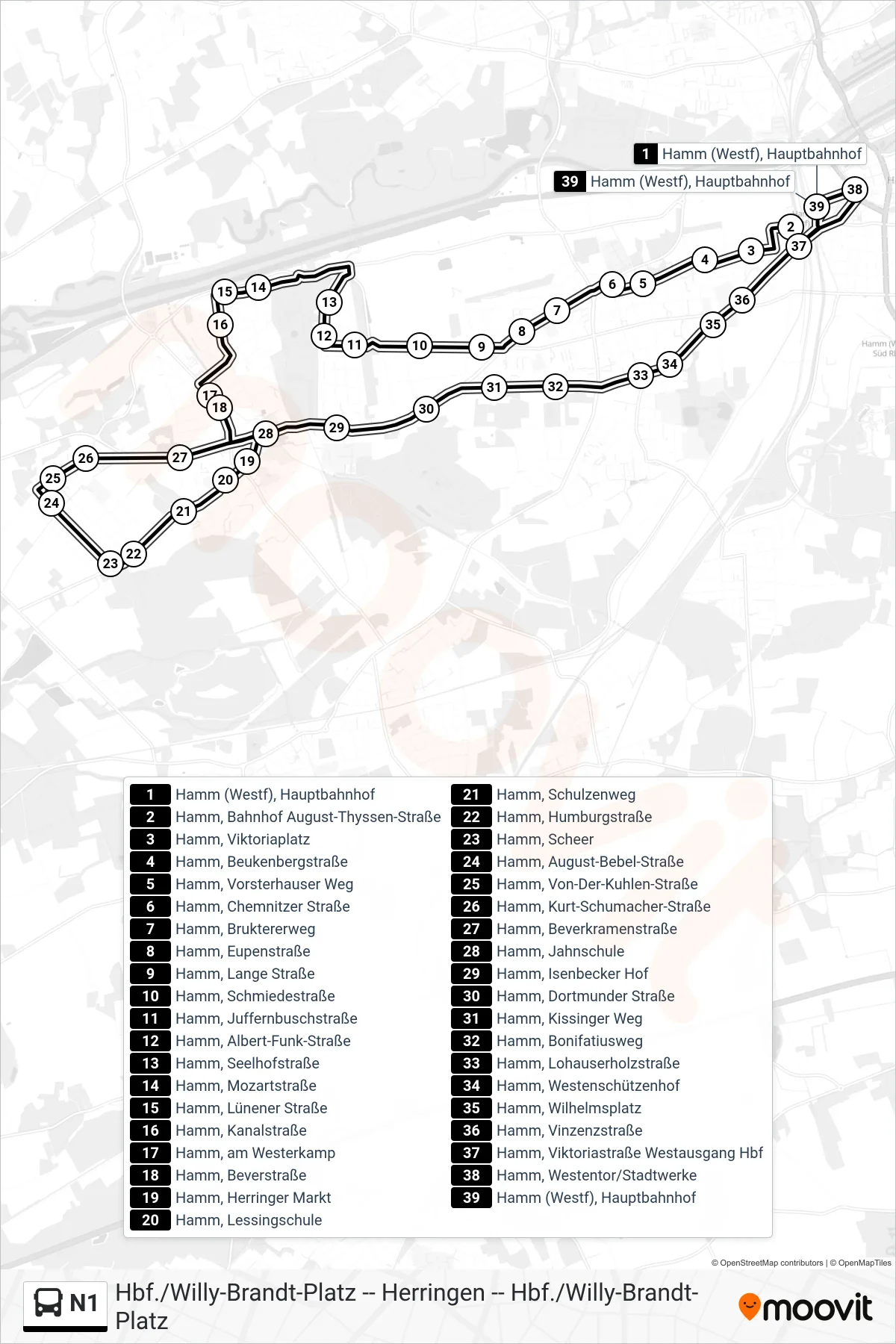 Linie N1 (Bus) Richtung Hamm (Westf), Hauptbahnhof Bstg 6: Route und Haltestellen auf der Karte