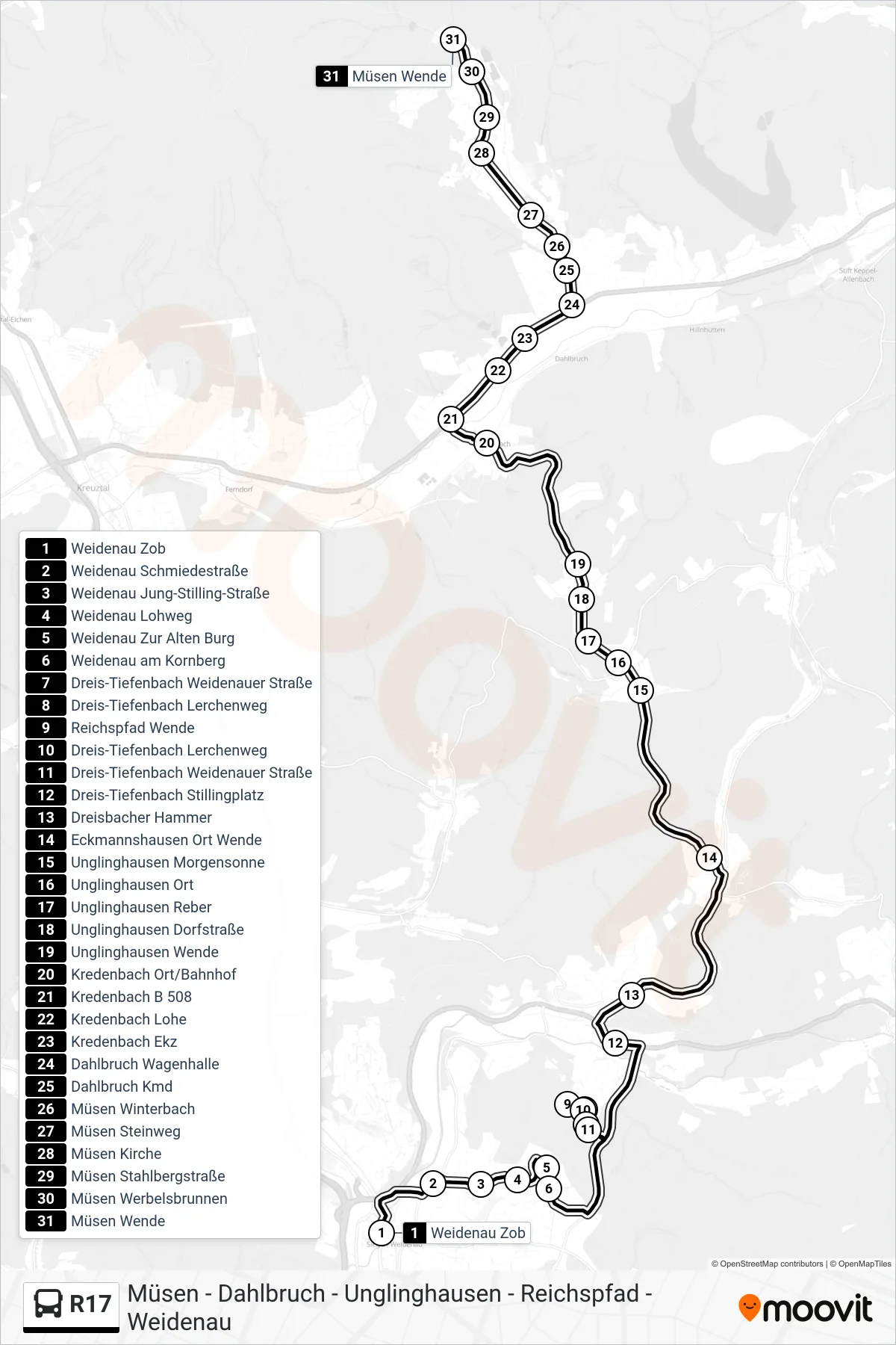 R17 bus Line (Müsen Wende) route and stops on a map