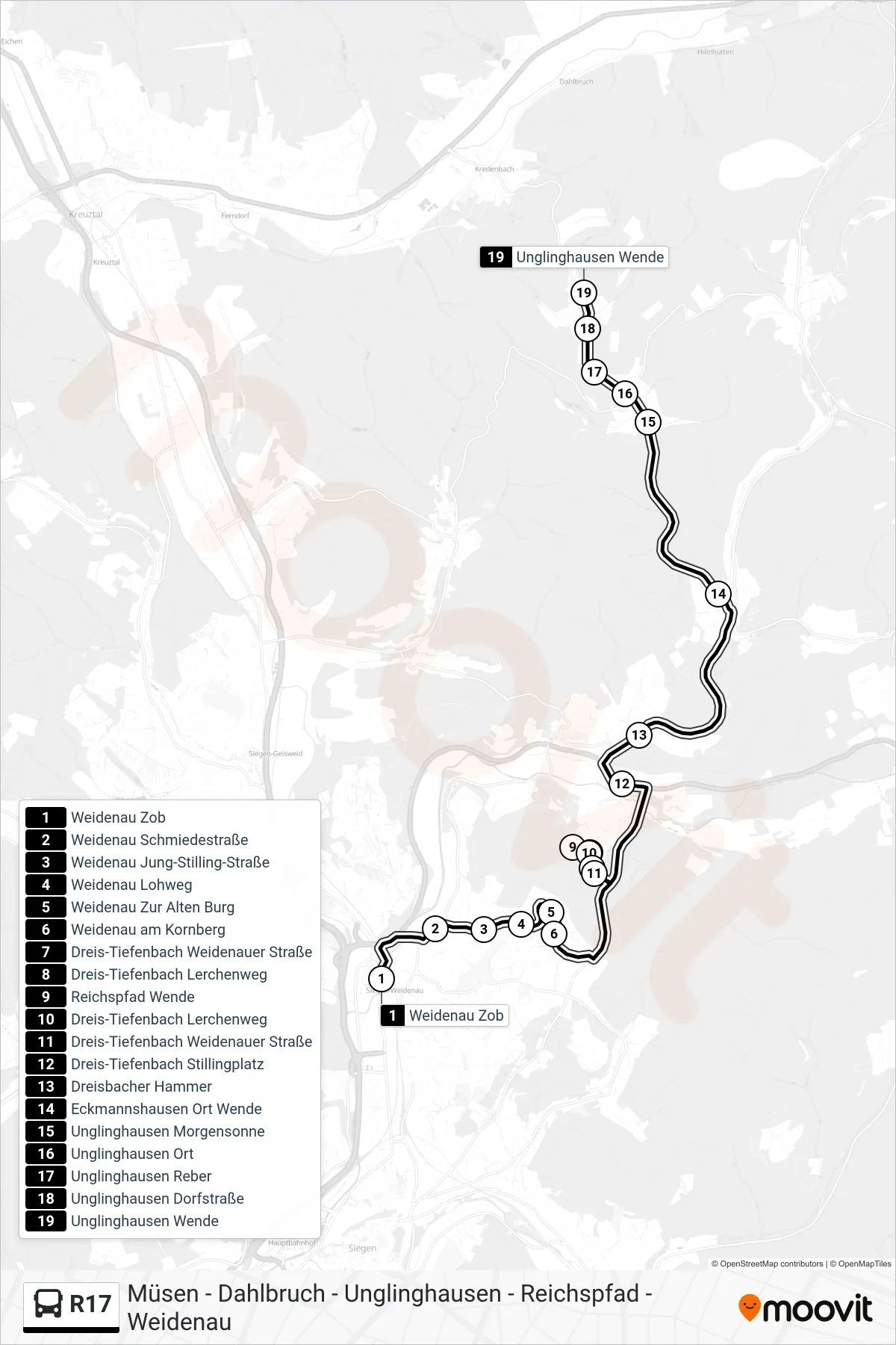 R17 bus Line (Unglinghausen Wende) route and stops on a map