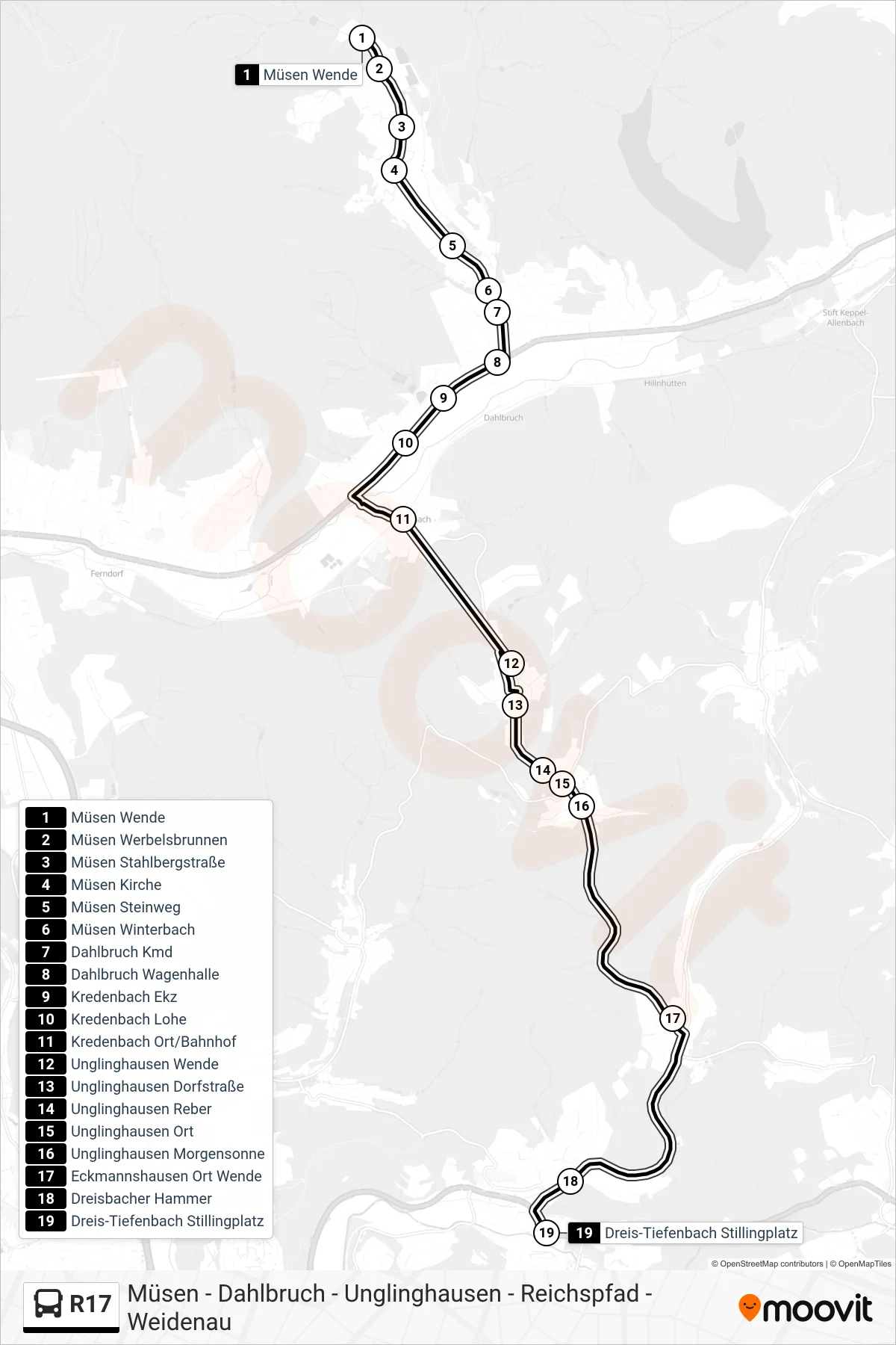 R17 bus Line (Dreis-Tiefenbach Stillingplatz) route and stops on a map