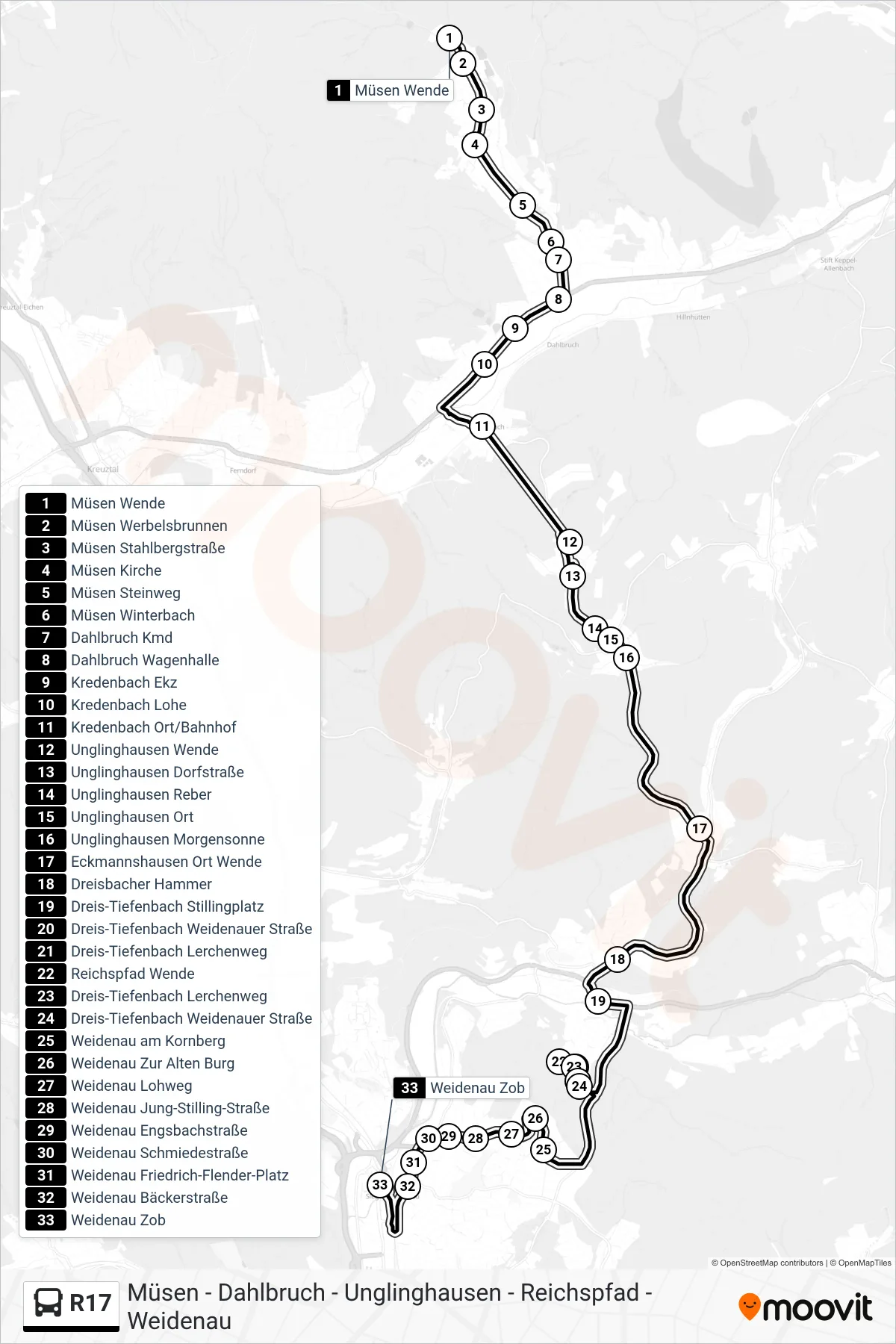 R17 bus Line (Weidenau Zob Bstg 3b) route and stops on a map