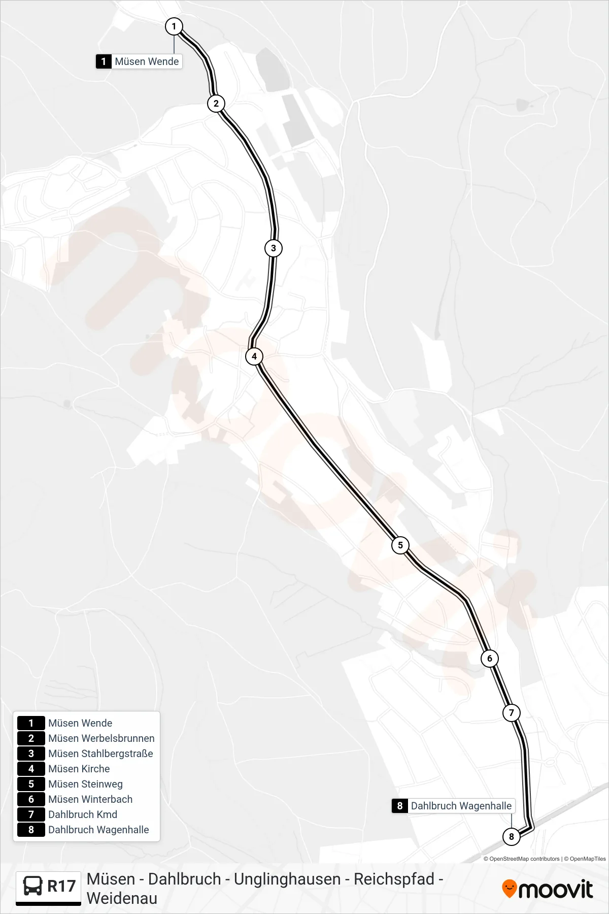 R17 bus Line (Dahlbruch Wagenhalle) route and stops on a map
