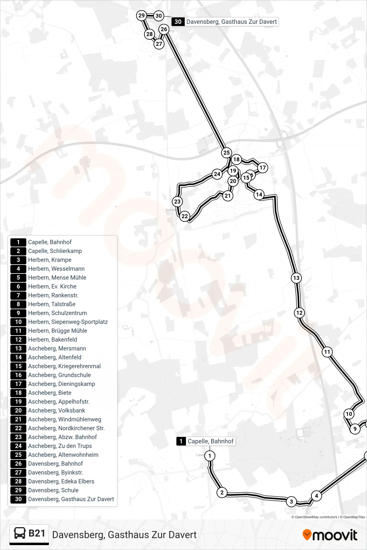 Linie B21 (Bus) Richtung Davensberg, Gasthaus Zur Davert: Route und Haltestellen auf der Karte