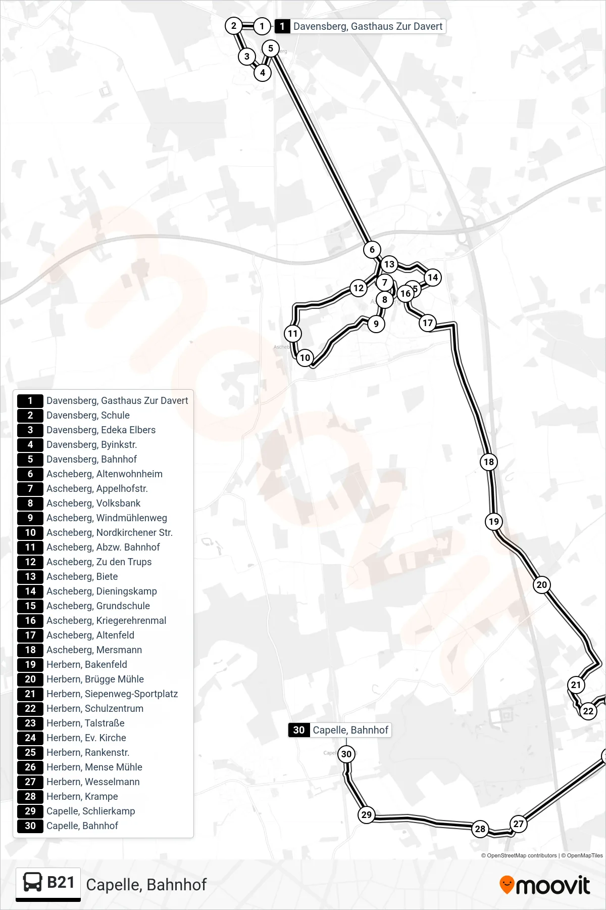 B21 bus Line (Capelle, Bahnhof) route and stops on a map