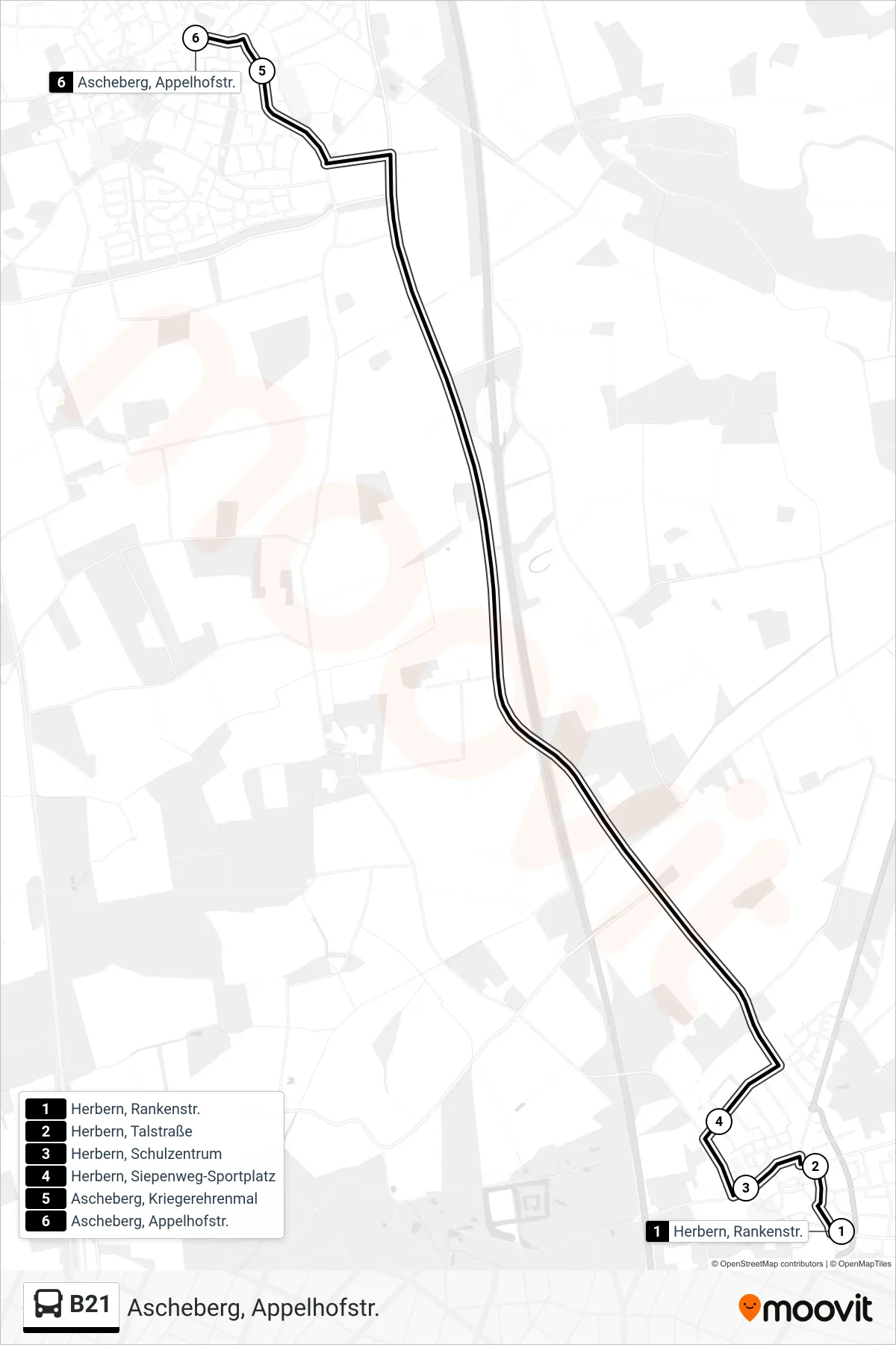 B21 bus Line (Ascheberg, Appelhofstr.) route and stops on a map