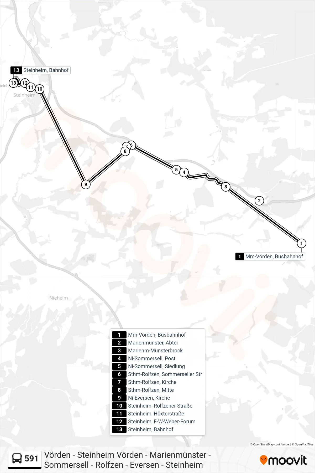 591 bus Line (Steinheim, Bahnhof) route and stops on a map