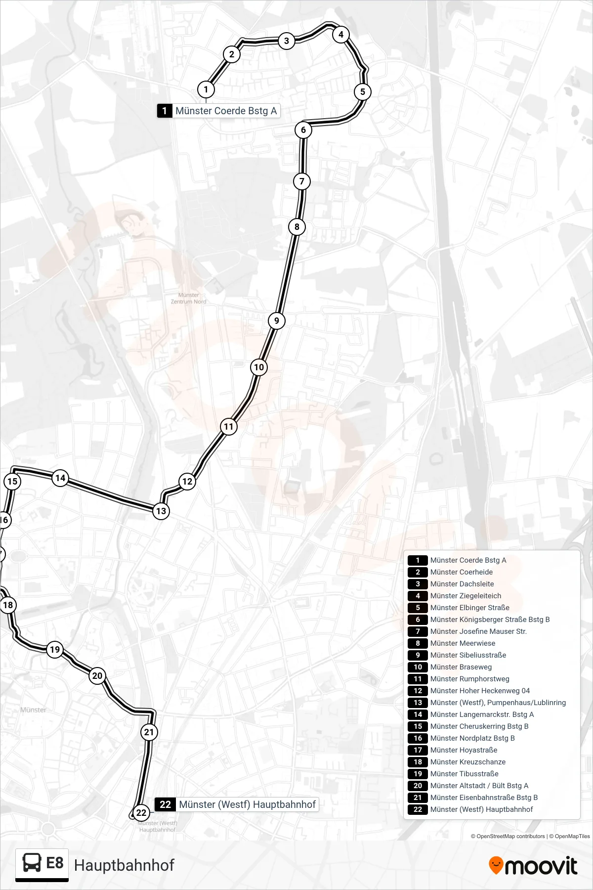 Linie E8 (Bus) Richtung Hauptbahnhof: Route und Haltestellen auf der Karte