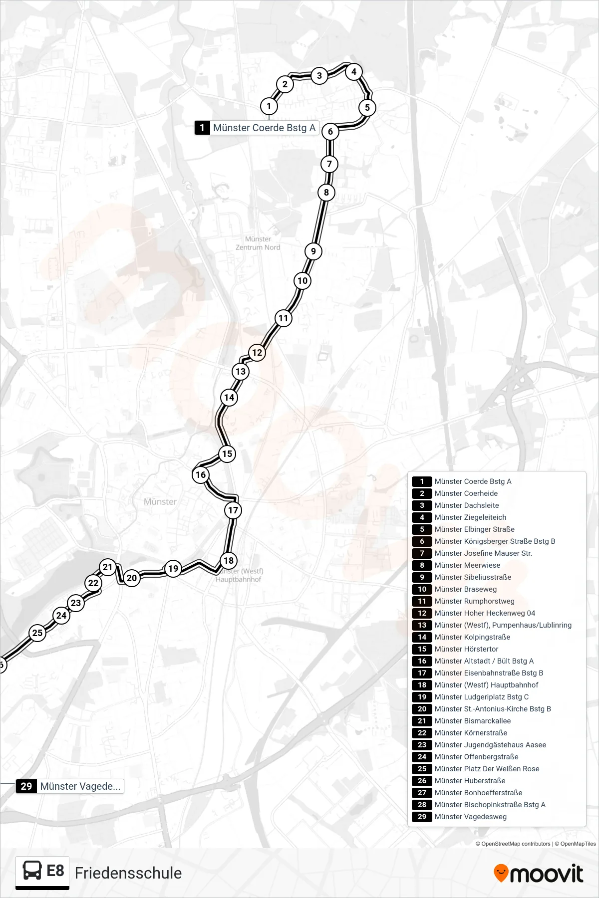 E8 bus Line (Friedensschule) route and stops on a map