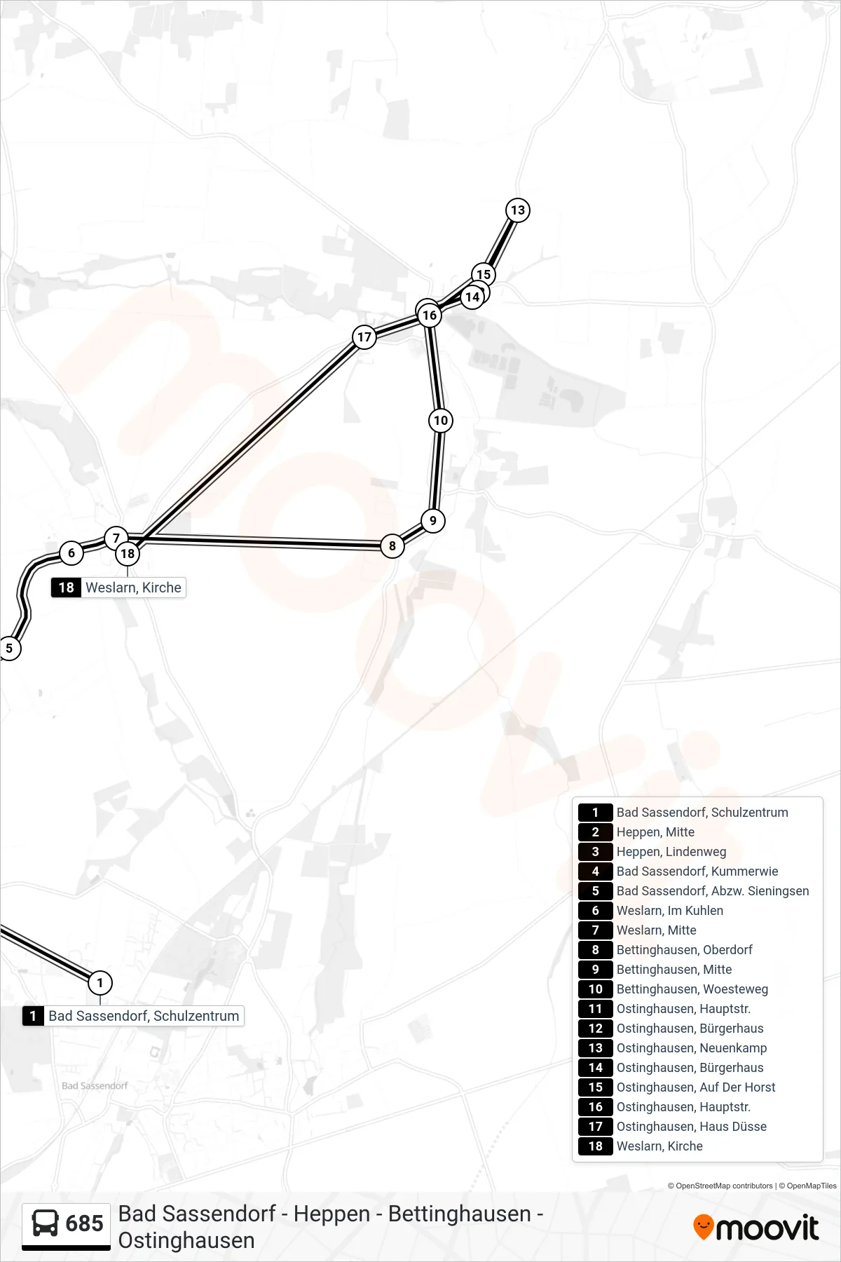 Linie 685 (Bus) Richtung Weslarn, Kirche: Route und Haltestellen auf der Karte