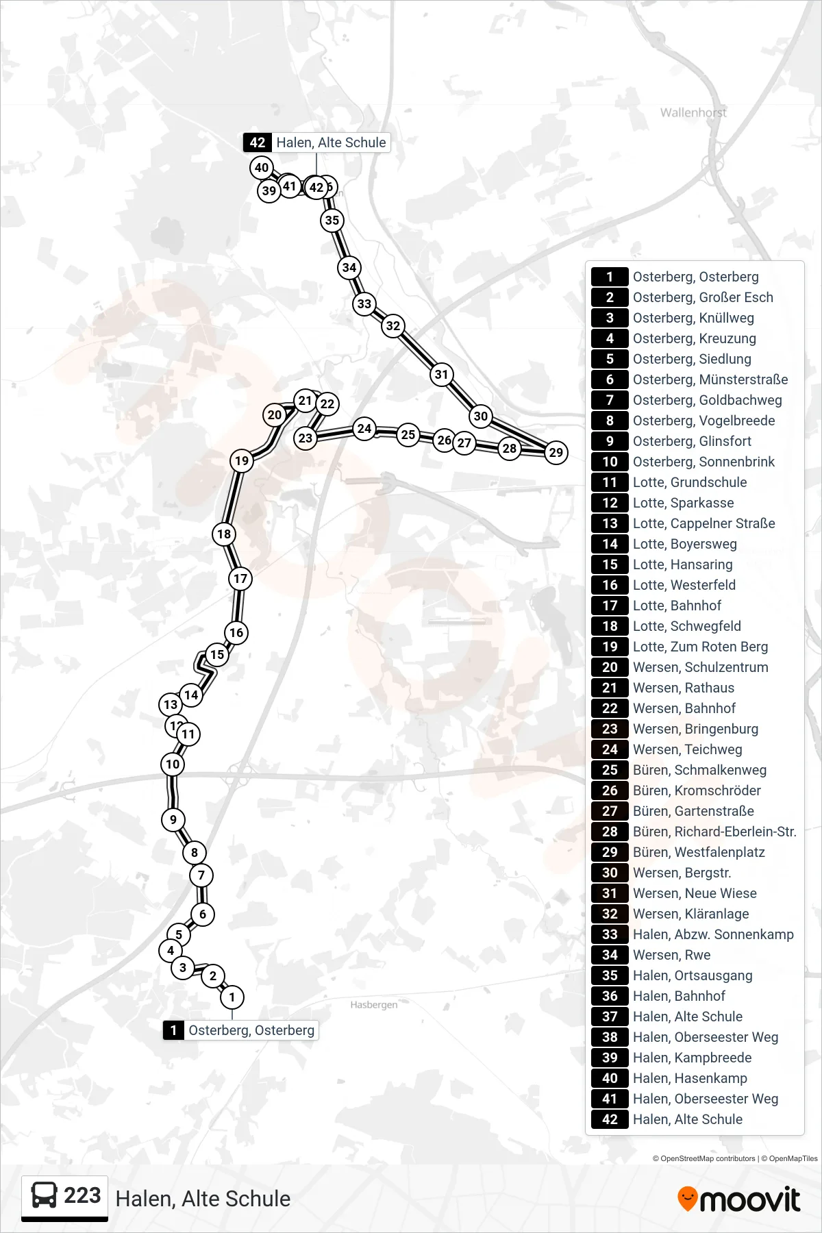 223 bus Line (Halen, Alte Schule) route and stops on a map