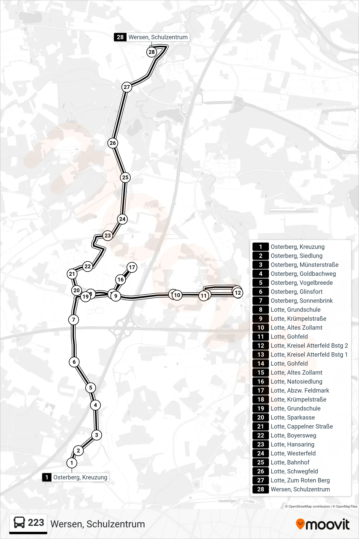 223 bus Line (Wersen, Schulzentrum) route and stops on a map