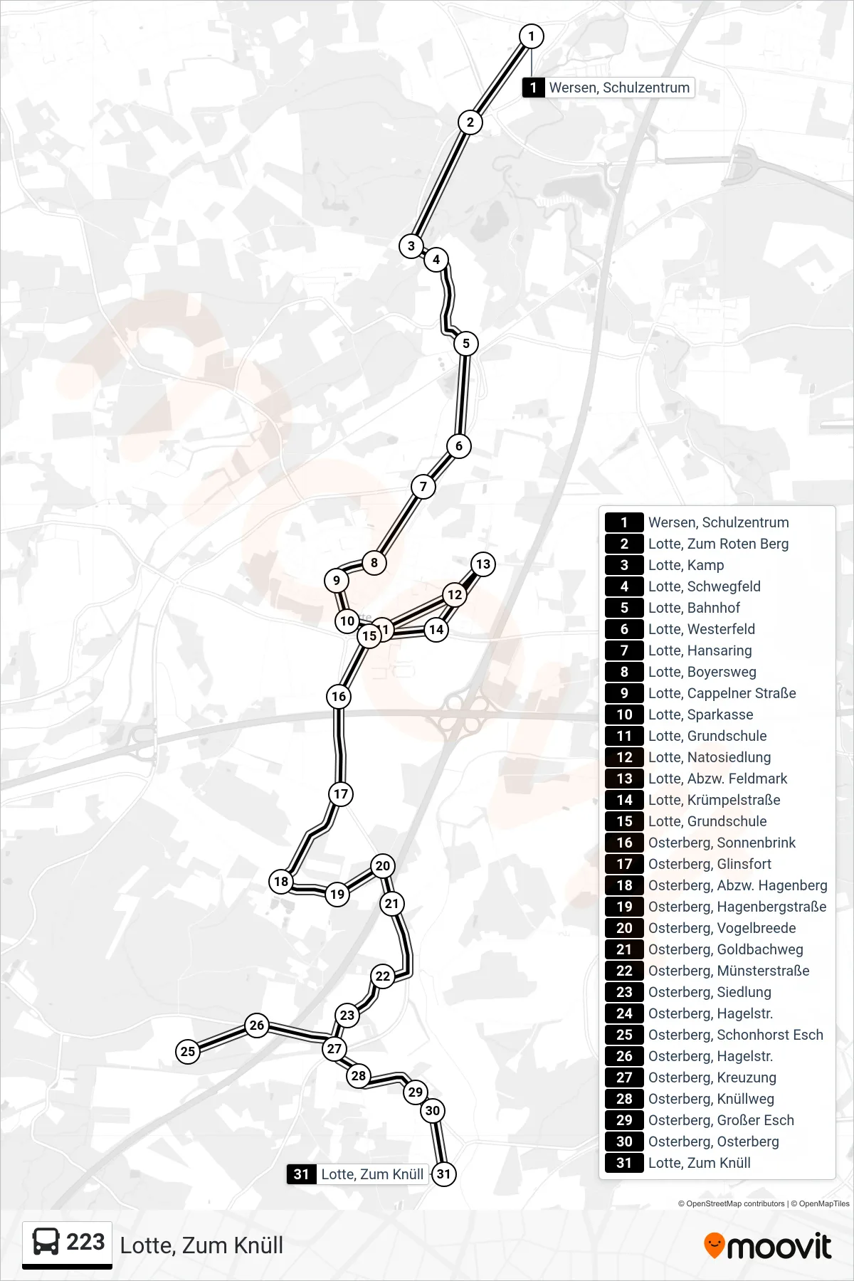Linie 223 (Bus) Richtung Lotte, Zum Knüll: Route und Haltestellen auf der Karte