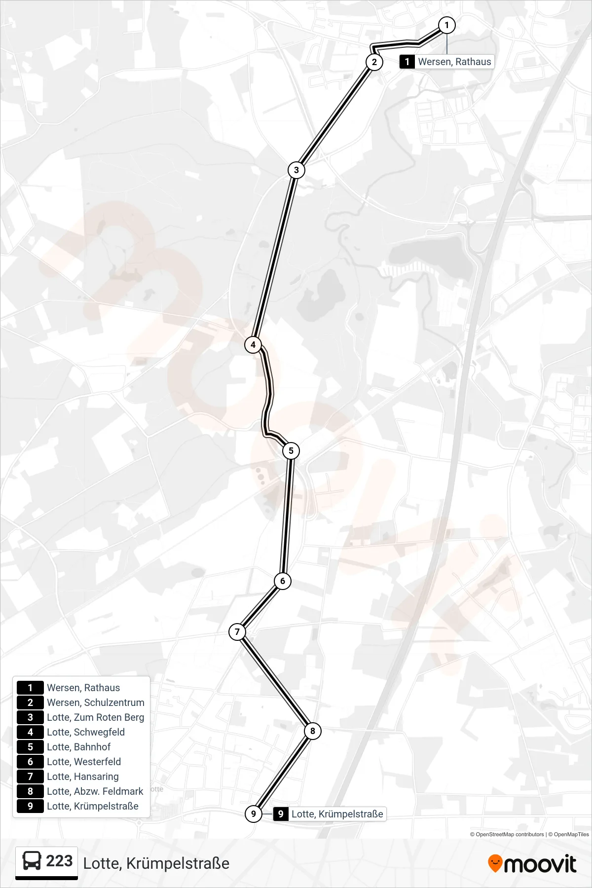 223 bus Line (Lotte, Krümpelstraße) route and stops on a map