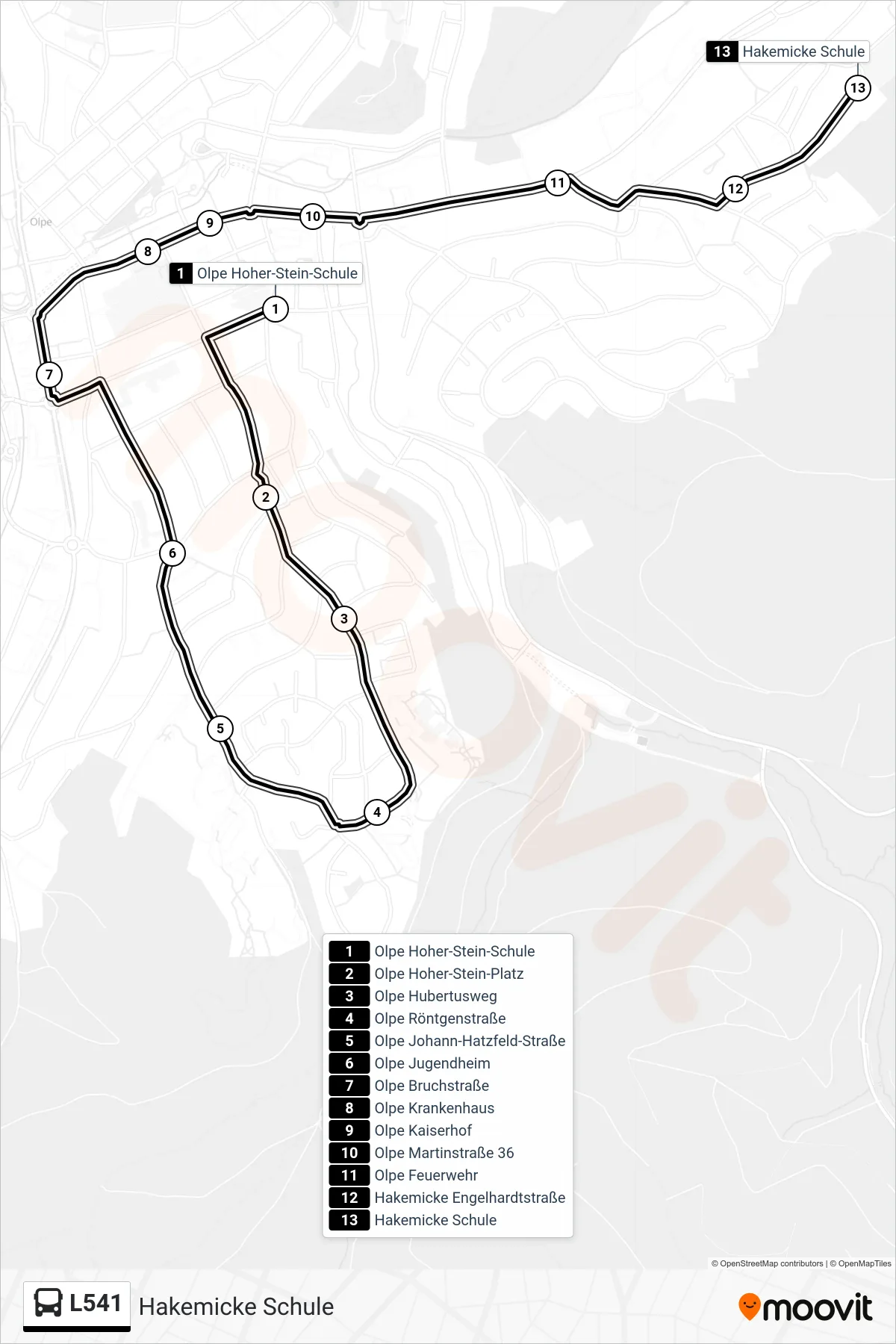 L541 bus Line (Hakemicke Schule) route and stops on a map