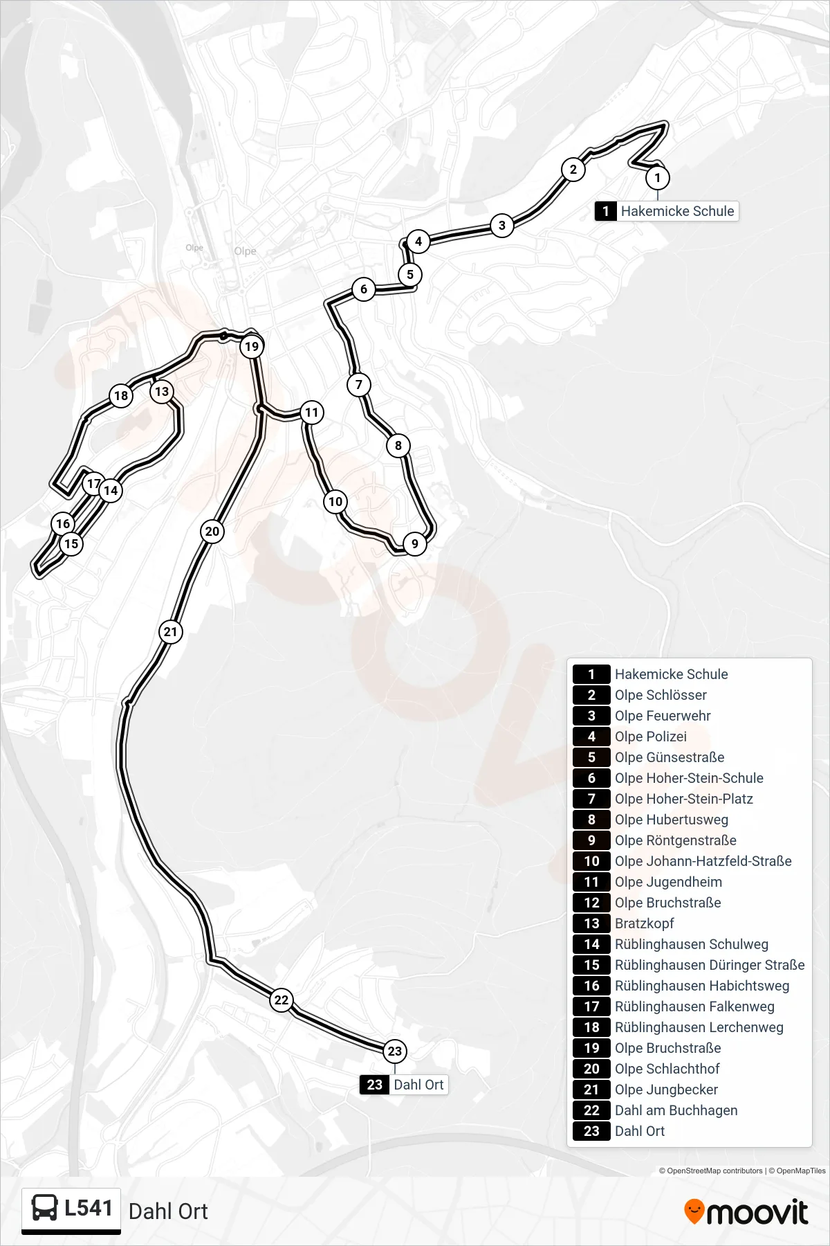 L541 bus Line (Dahl Ort) route and stops on a map