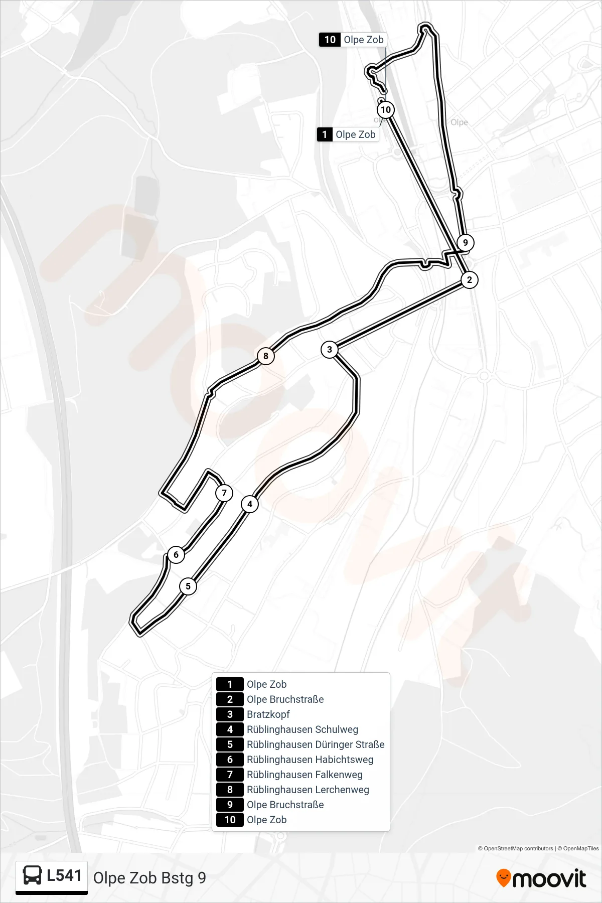 L541 bus Line (Olpe Zob Bstg 9) route and stops on a map