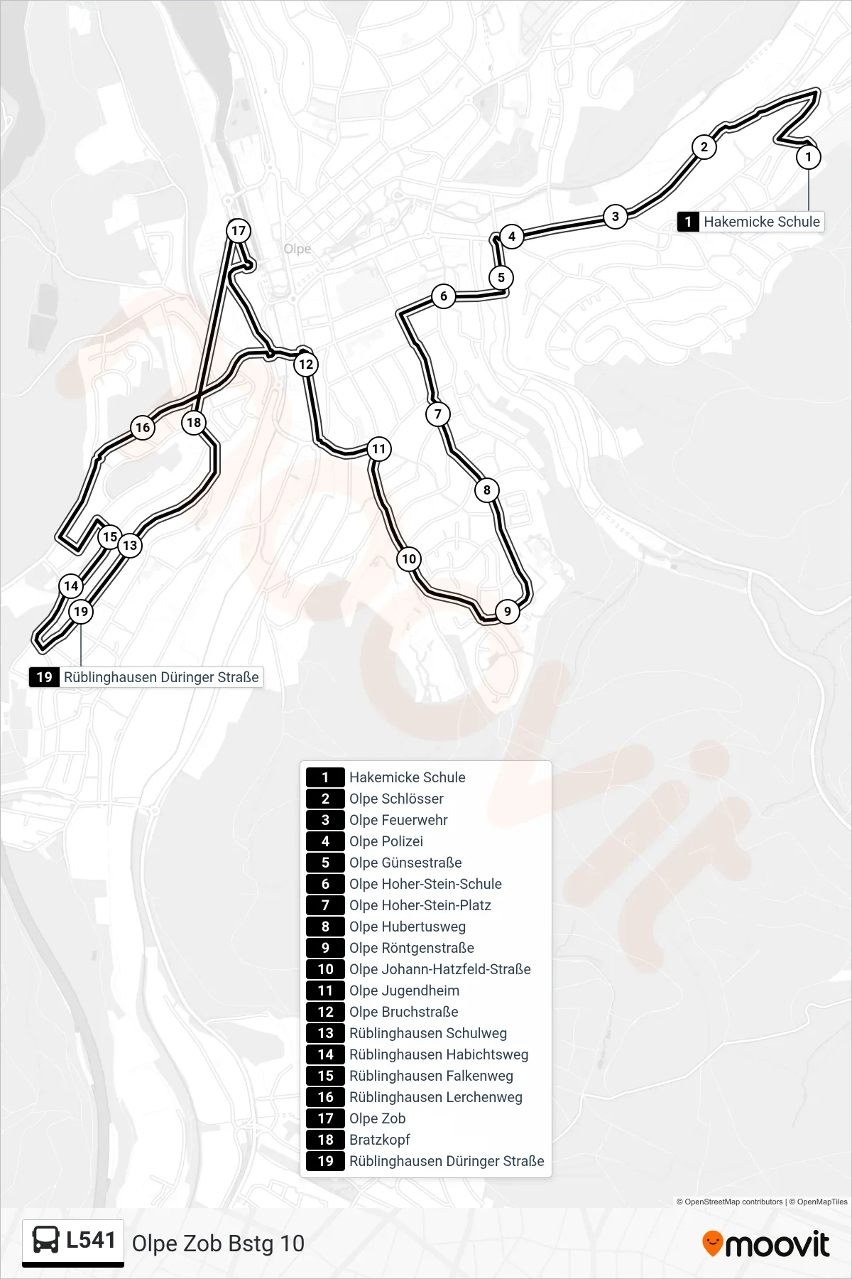 L541 bus Line (Olpe Zob Bstg 10) route and stops on a map