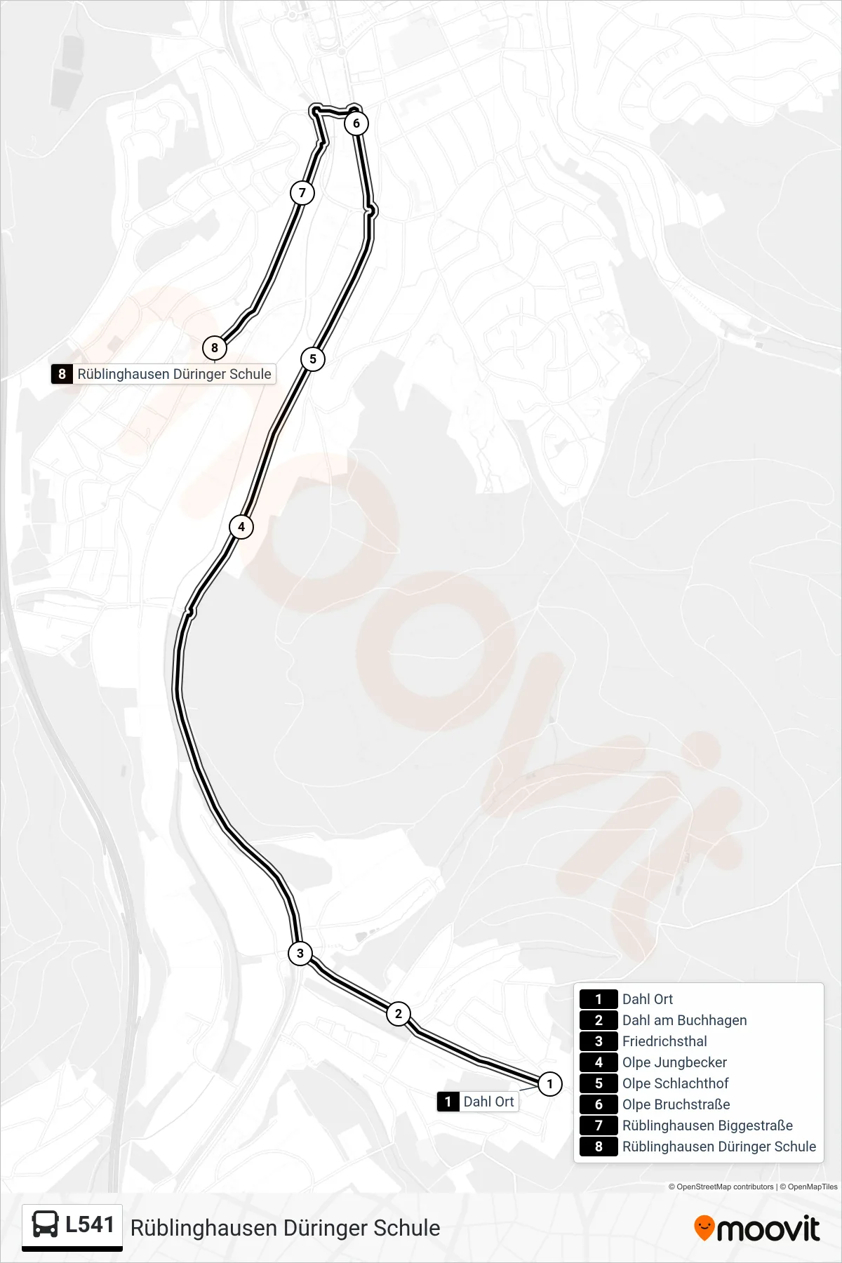 L541 bus Line (Rüblinghausen Düringer Schule) route and stops on a map