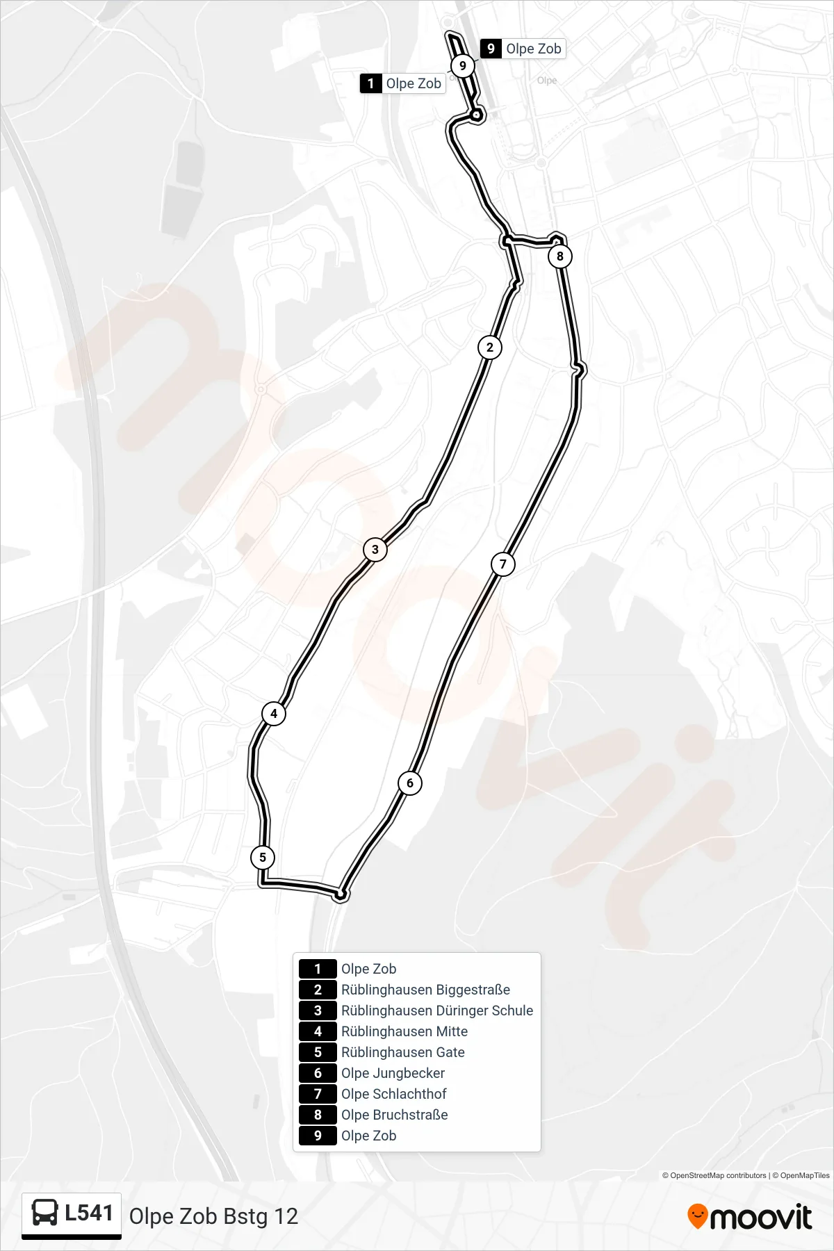 L541 bus Line (Olpe Zob Bstg 12) route and stops on a map