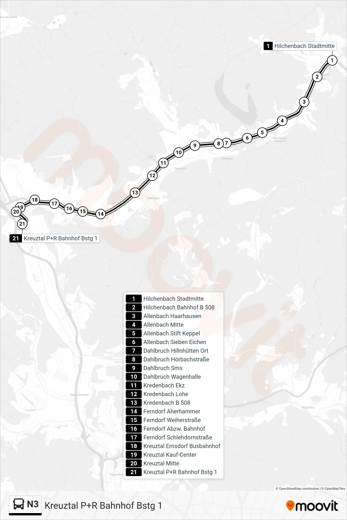 N3 bus Line (Kreuztal P+R Bahnhof Bstg 1) route and stops on a map