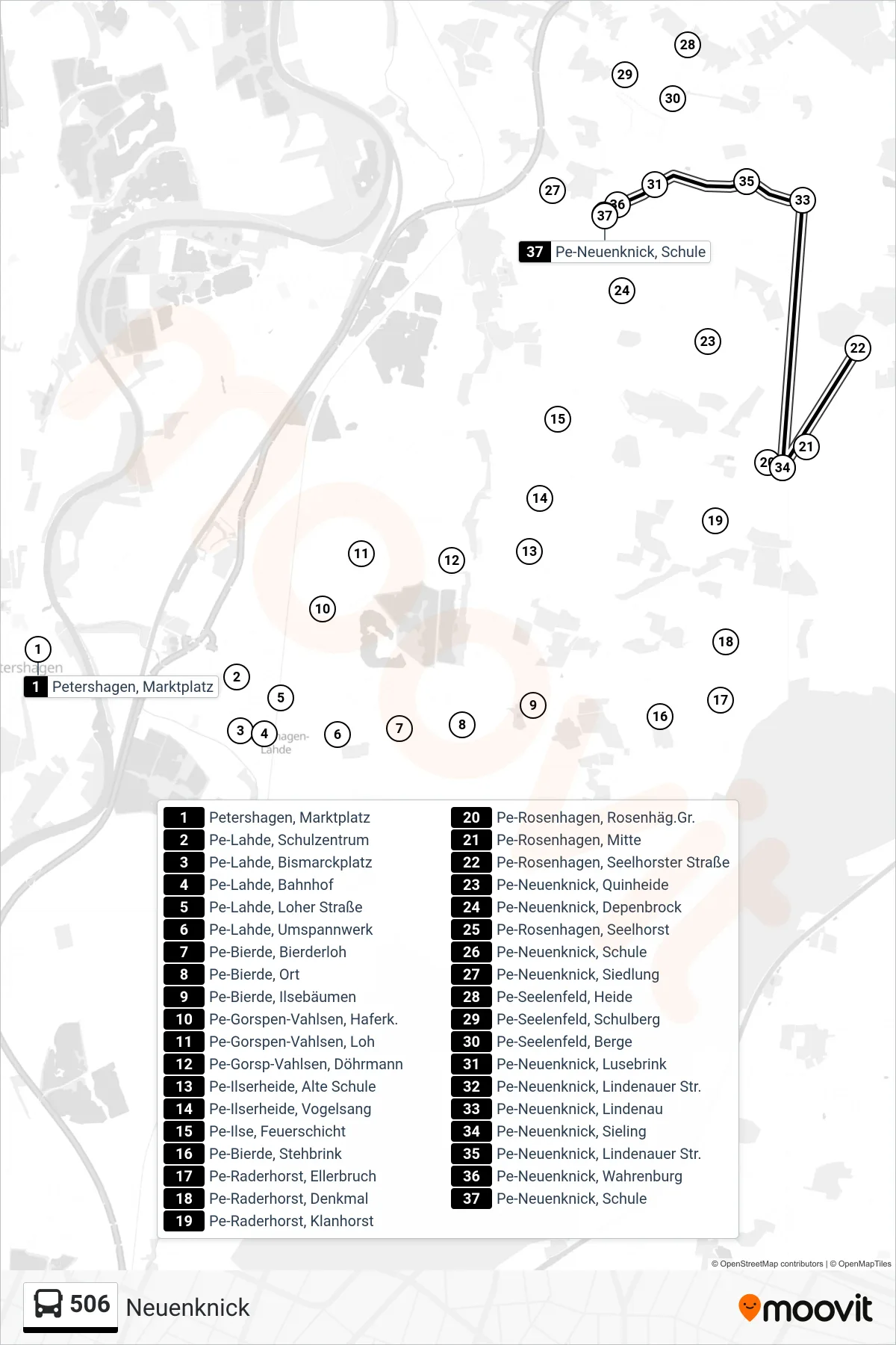 506 bus Line (Neuenknick) route and stops on a map