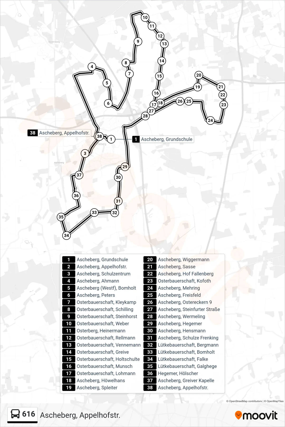 616 bus Line (Ascheberg, Appelhofstr.) route and stops on a map