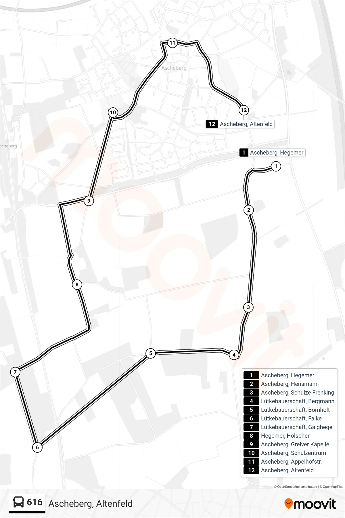 Linie 616 (Bus) Richtung Ascheberg, Altenfeld: Route und Haltestellen auf der Karte