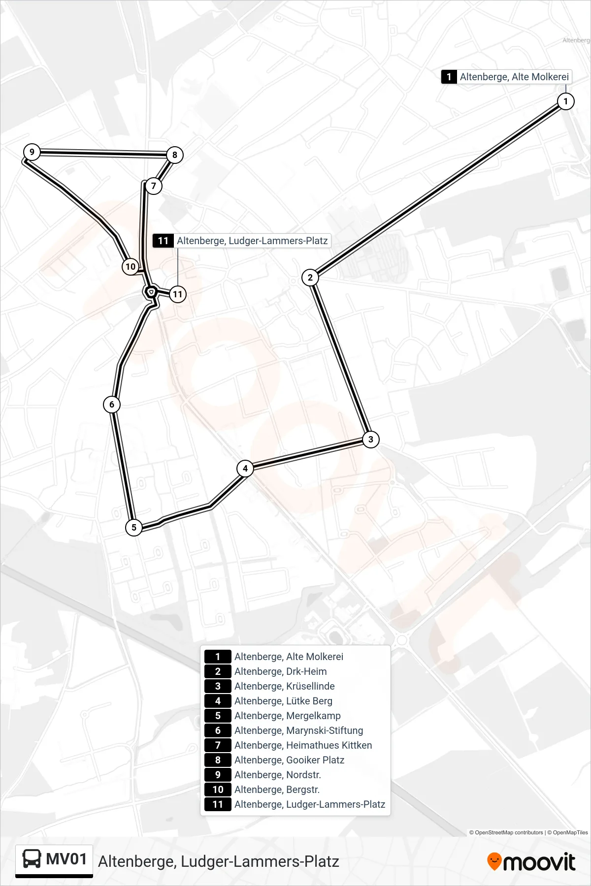Linie MV01 (Bus) Richtung Altenberge, Ludger-Lammers-Platz: Route und Haltestellen auf der Karte