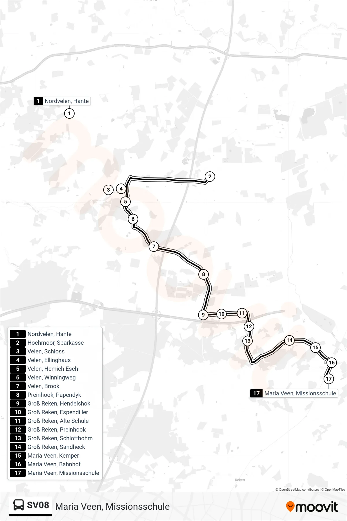 SV08 bus Line (Maria Veen, Missionsschule) route and stops on a map