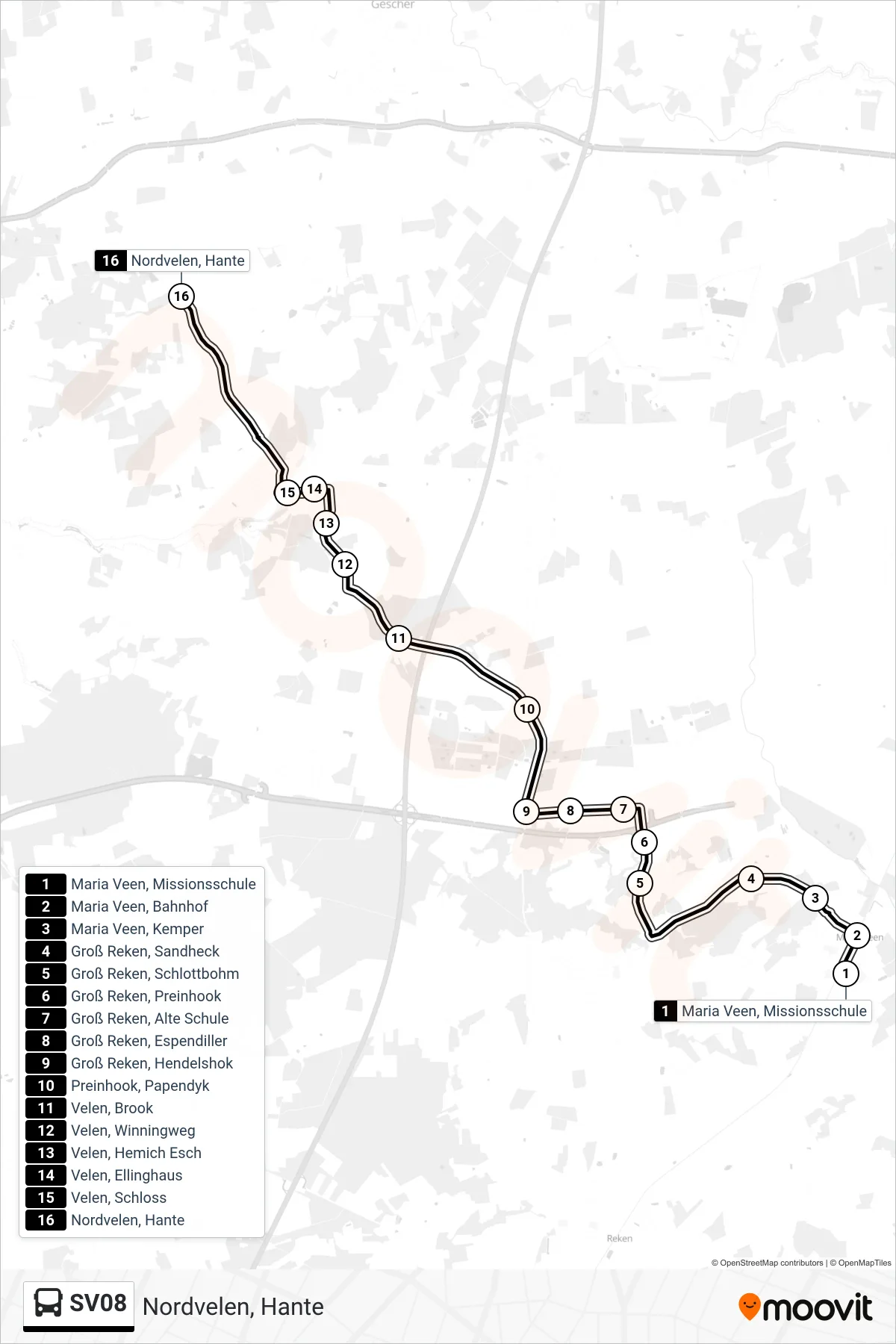 Linie SV08 (Bus) Richtung Nordvelen, Hante: Route und Haltestellen auf der Karte