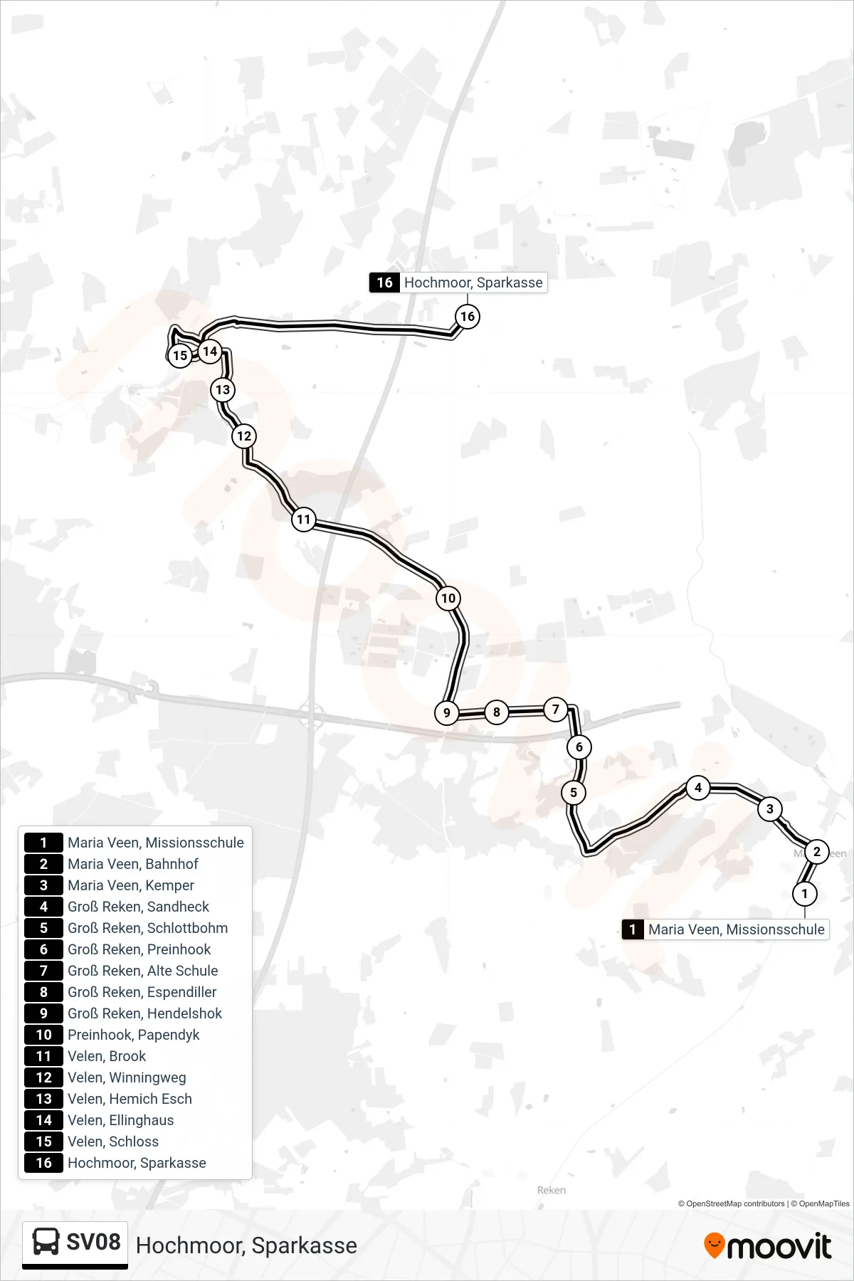 SV08 bus Line (Hochmoor, Sparkasse) route and stops on a map