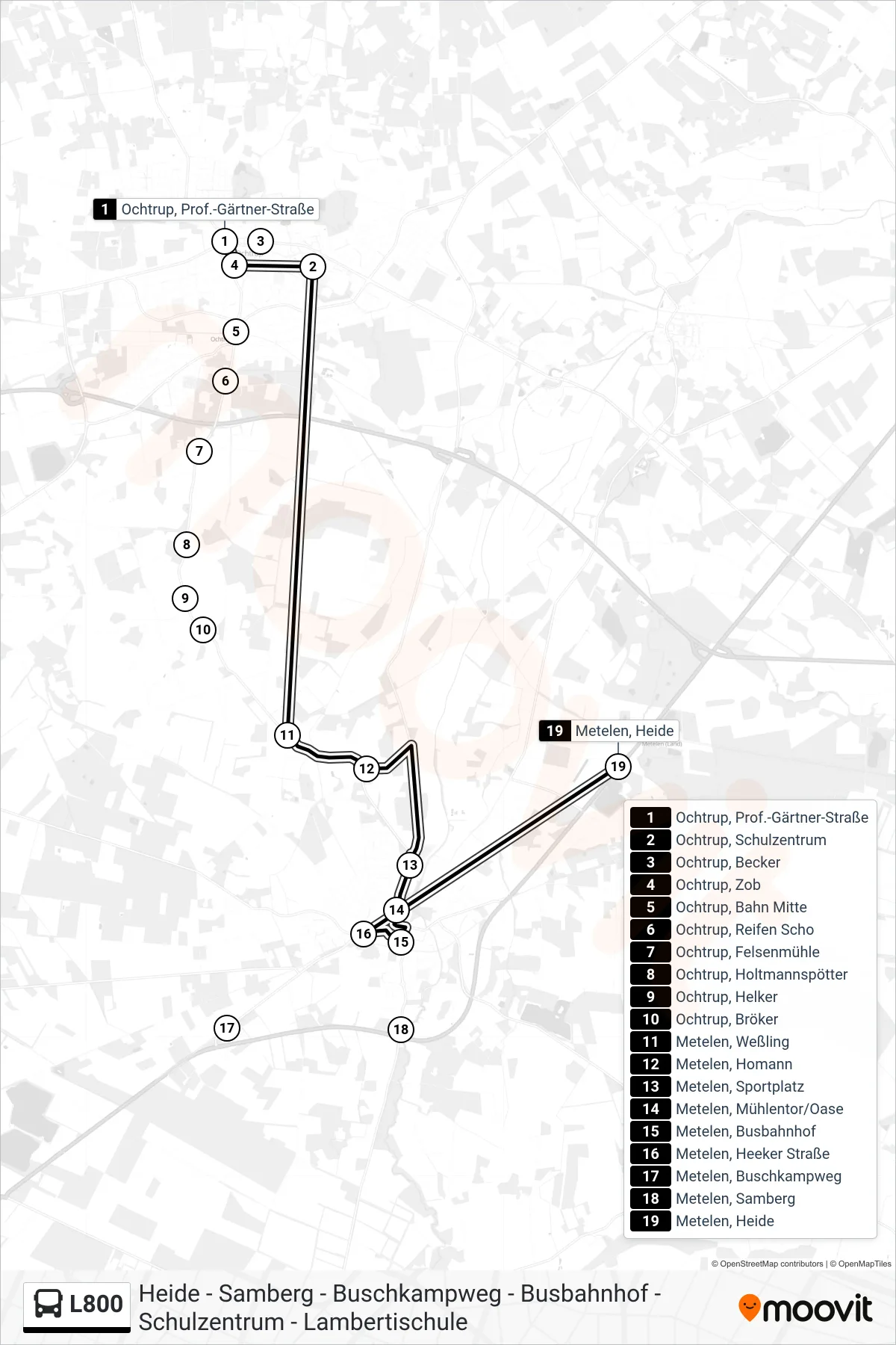 L800 bus Line (Metelen, Heide) route and stops on a map