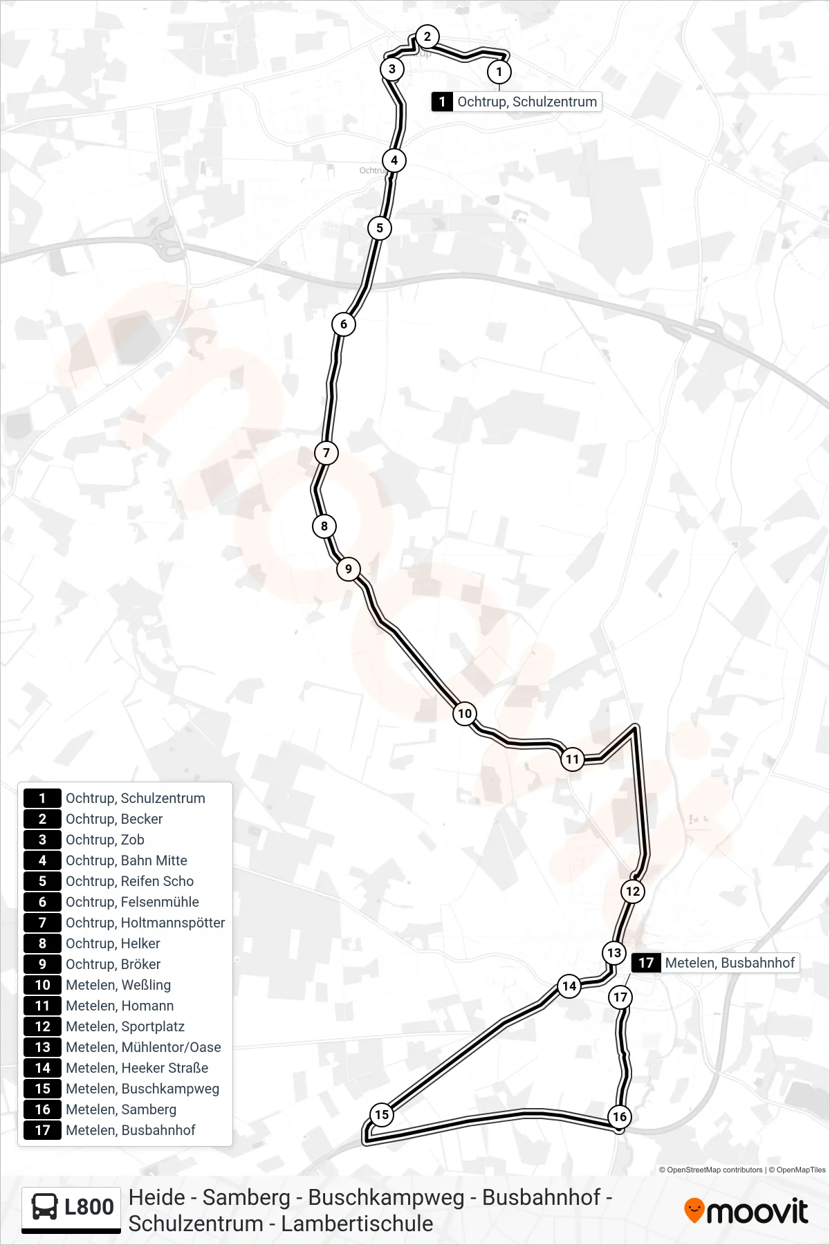 L800 bus Line (Metelen, Busbahnhof) route and stops on a map