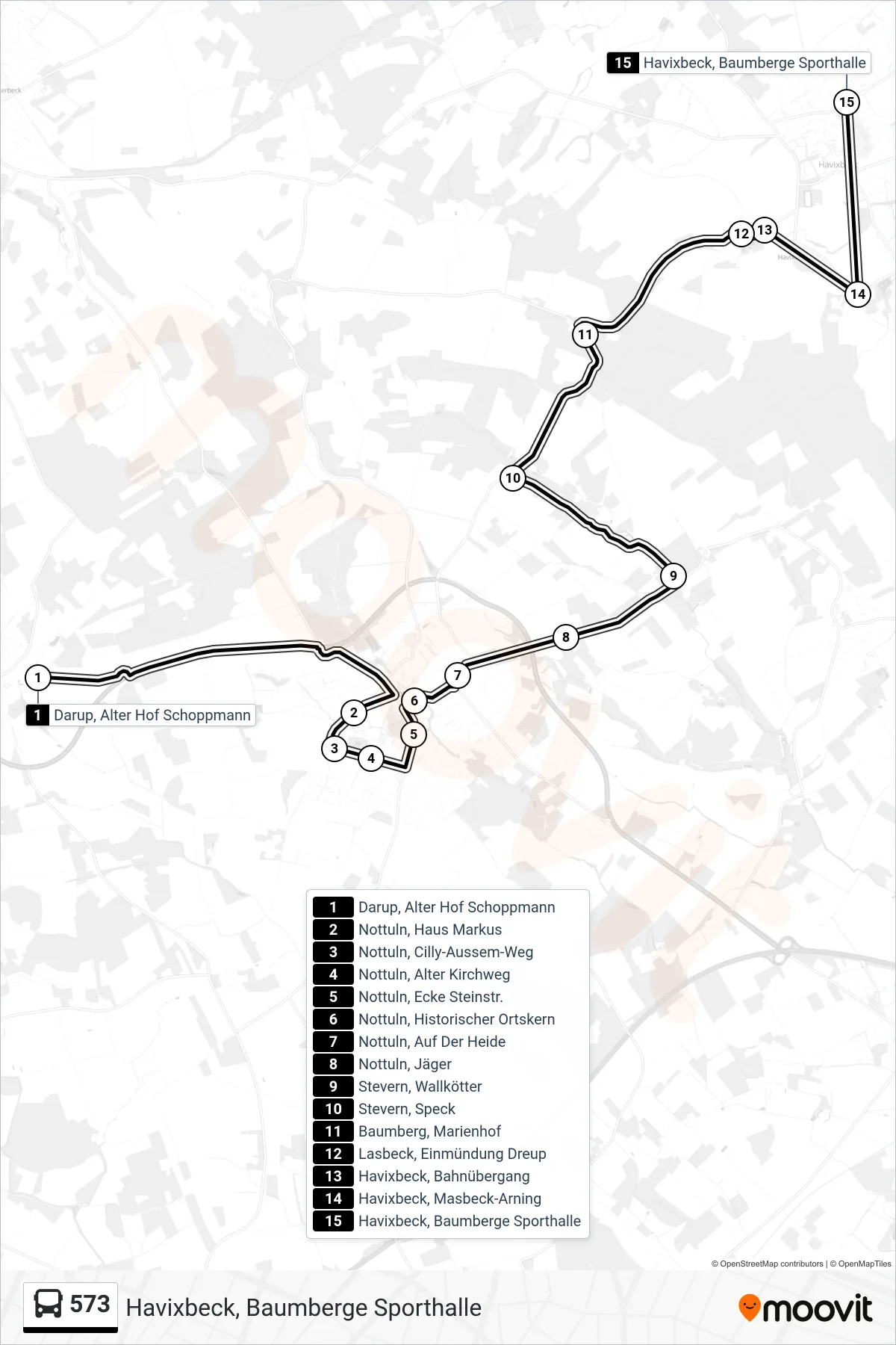 Linie 573 (Bus) Richtung Havixbeck, Baumberge Sporthalle: Route und Haltestellen auf der Karte