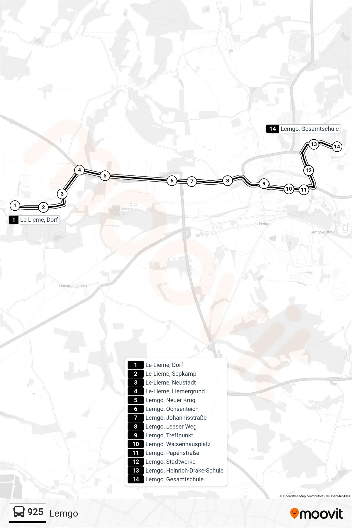 925 bus Line (Lemgo) route and stops on a map