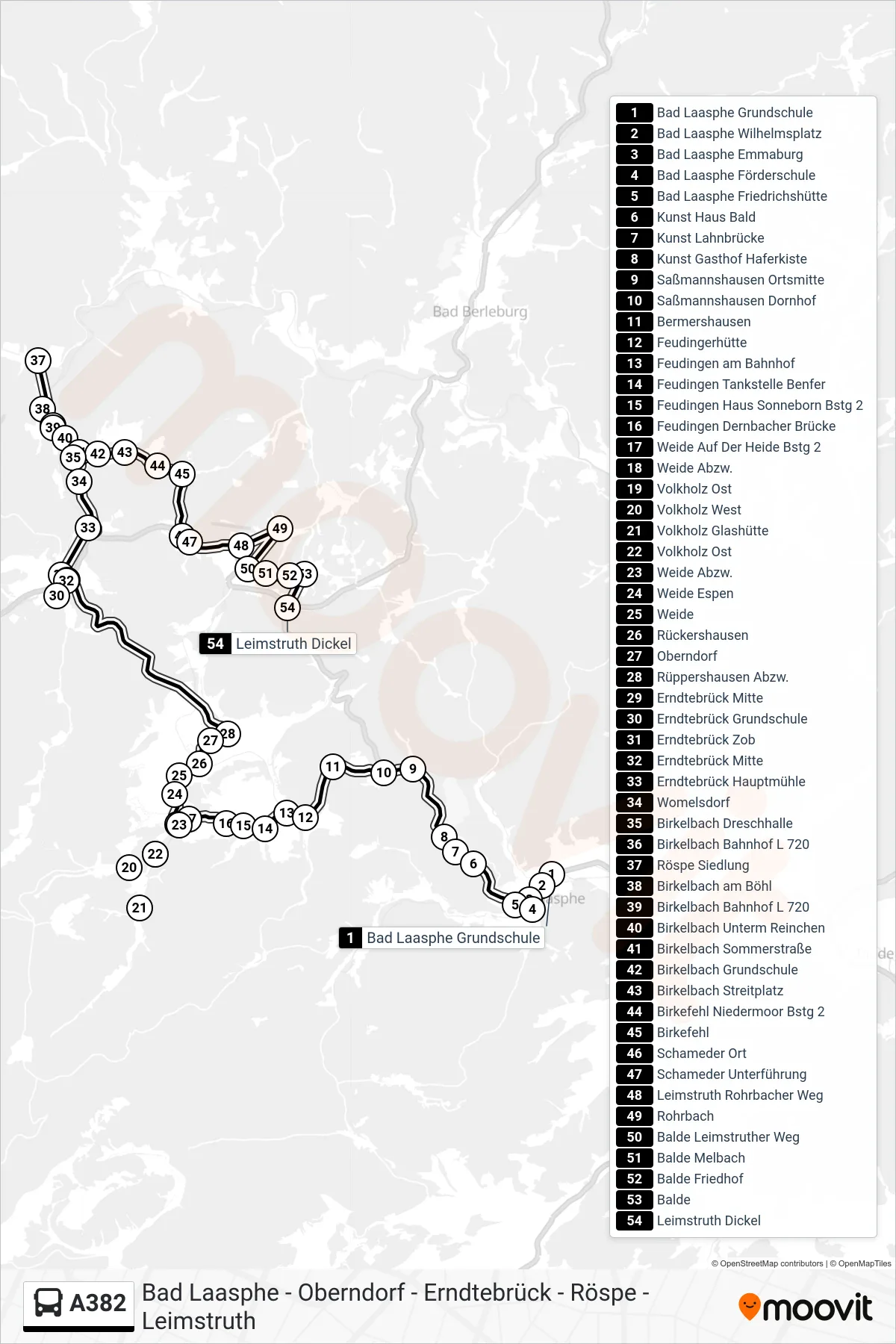 A382 bus Line (Leimstruth Dickel) route and stops on a map