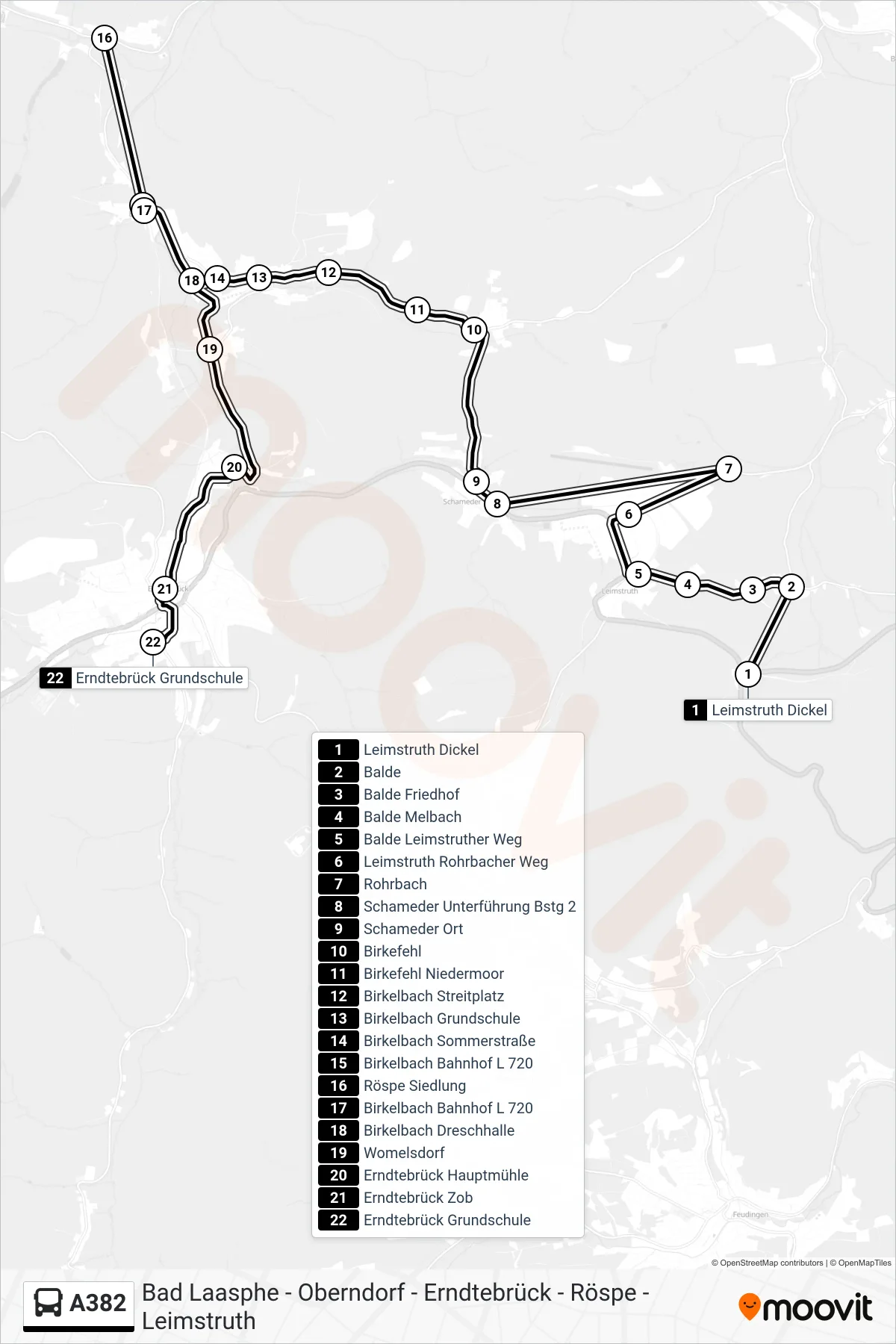A382 bus Line (Erndtebrück Grundschule) route and stops on a map