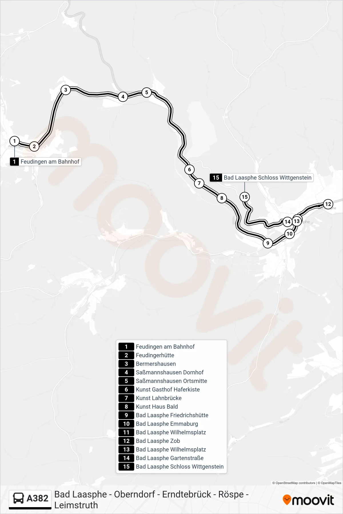 A382 bus Line (Bad Laasphe Schloss Wittgenstein) route and stops on a map