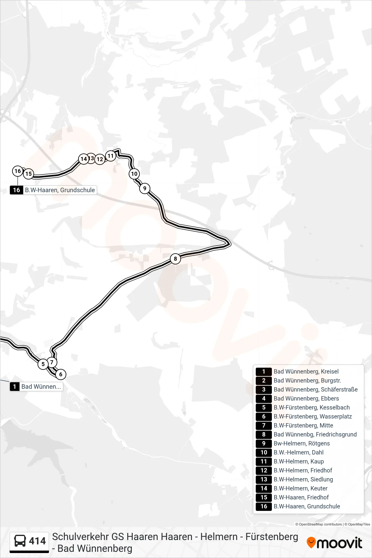 414 bus Line (B.W-Haaren, Grundschule) route and stops on a map