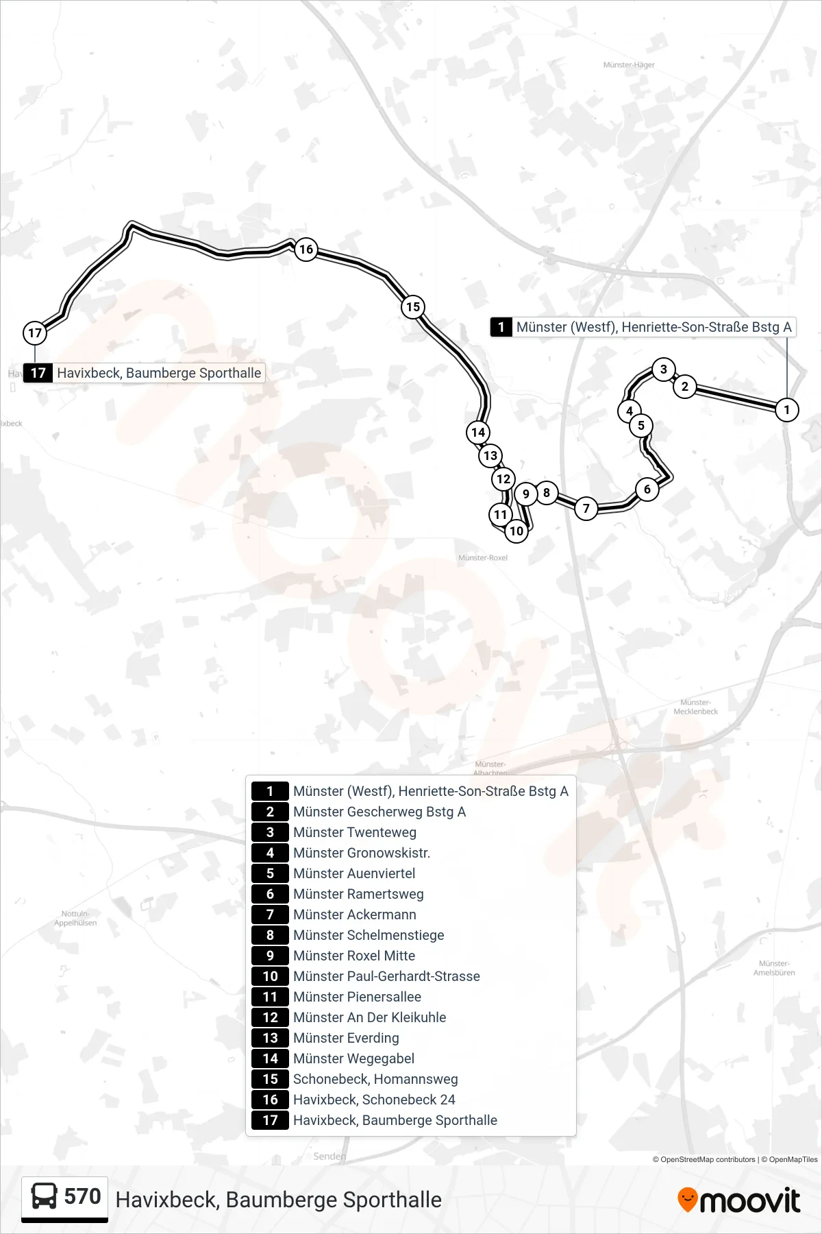 Linie 570 (Bus) Richtung Havixbeck, Baumberge Sporthalle: Route und Haltestellen auf der Karte