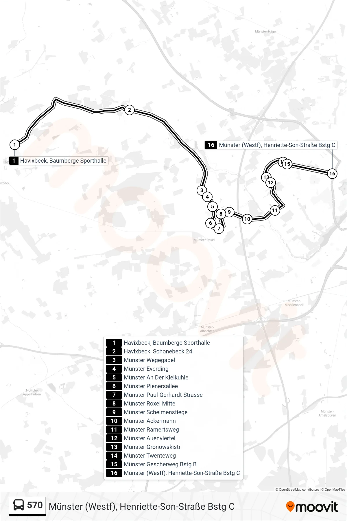 570 bus Line (Münster (Westf), Henriette-Son-Straße Bstg C) route and stops on a map
